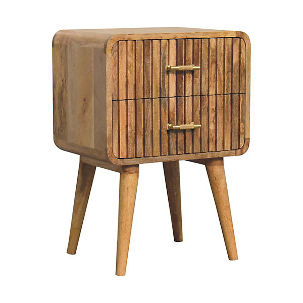 Artisan Furniture Bois massif T-bar Ridged table de chevet, 2 tiroirs, pieds nordiques, effet chêne, marron
