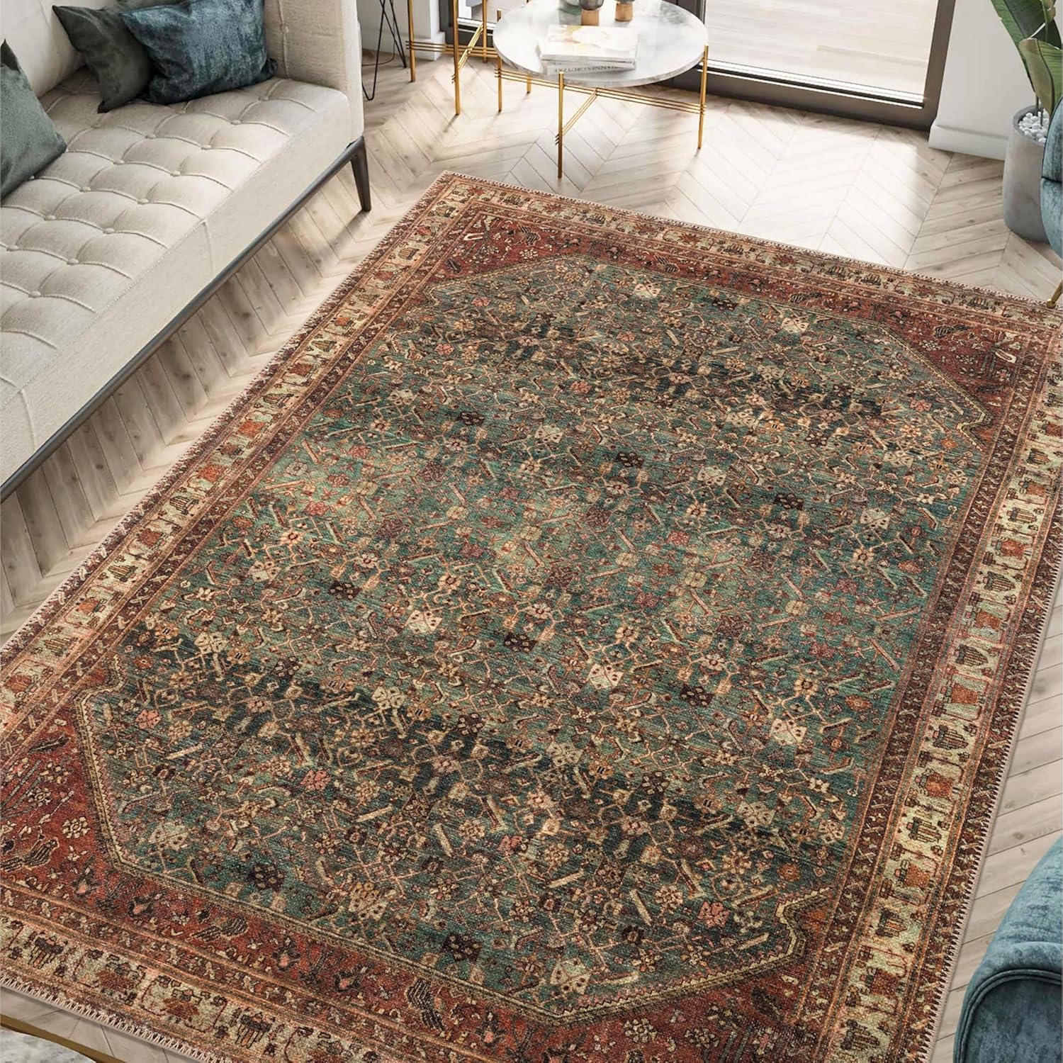 Keen Home Design 10x14 Rug - Machine Washable Area Rug with Non-Slip Backing, Ideal for Living Room, Dining Room, Bedroom - Vintage, Easy Clean, Durable, Low Pile Rug - (9'7 x 14')