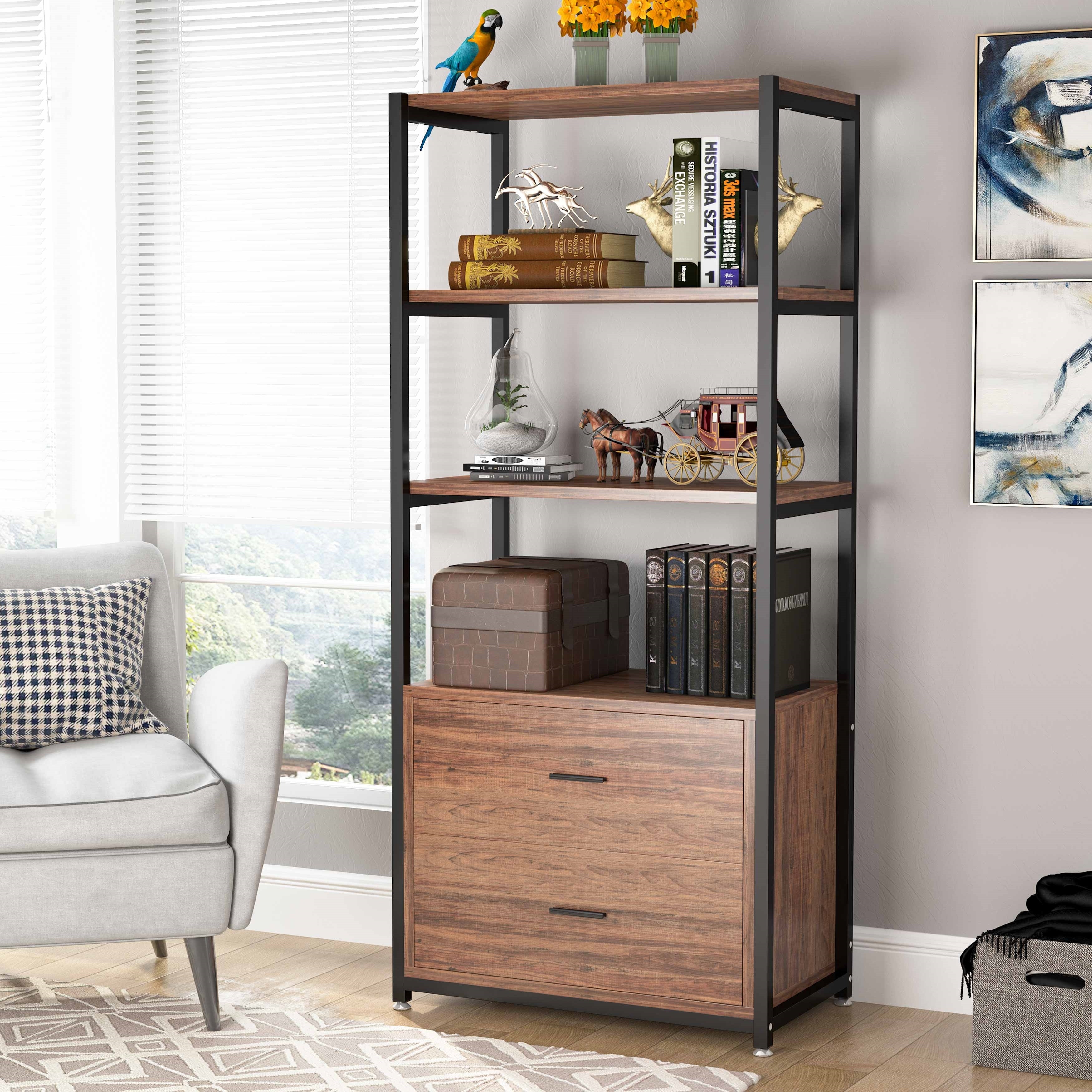 Brown Industrial Bookshelf with 2 Drawers, 5-Tier Bookcase with Open Shelf, Display Decorative Shelf for Living Room Office