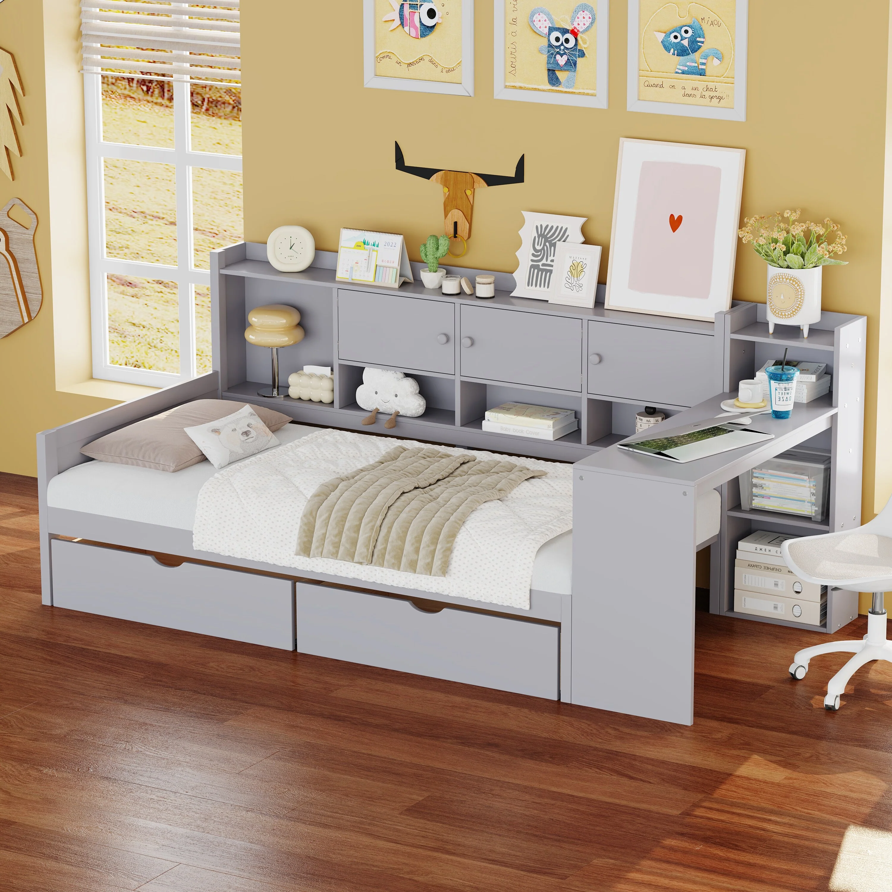 Twin Size Daybed with Storage 3 Cabinets and 2 Drawers, Wooden L-Shape Daybed Frame with Study Desk and Built-in Bookshelf