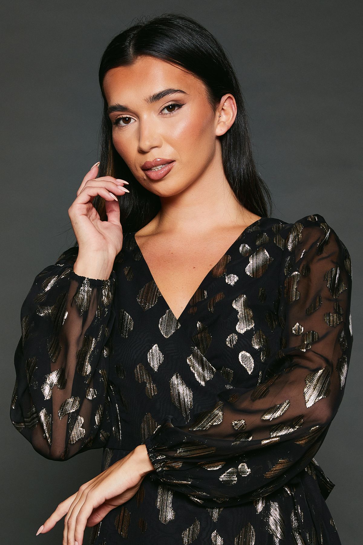 Dorothy Perkins Jacquard Ruffle Wrap Long Sleeve Midi Dress