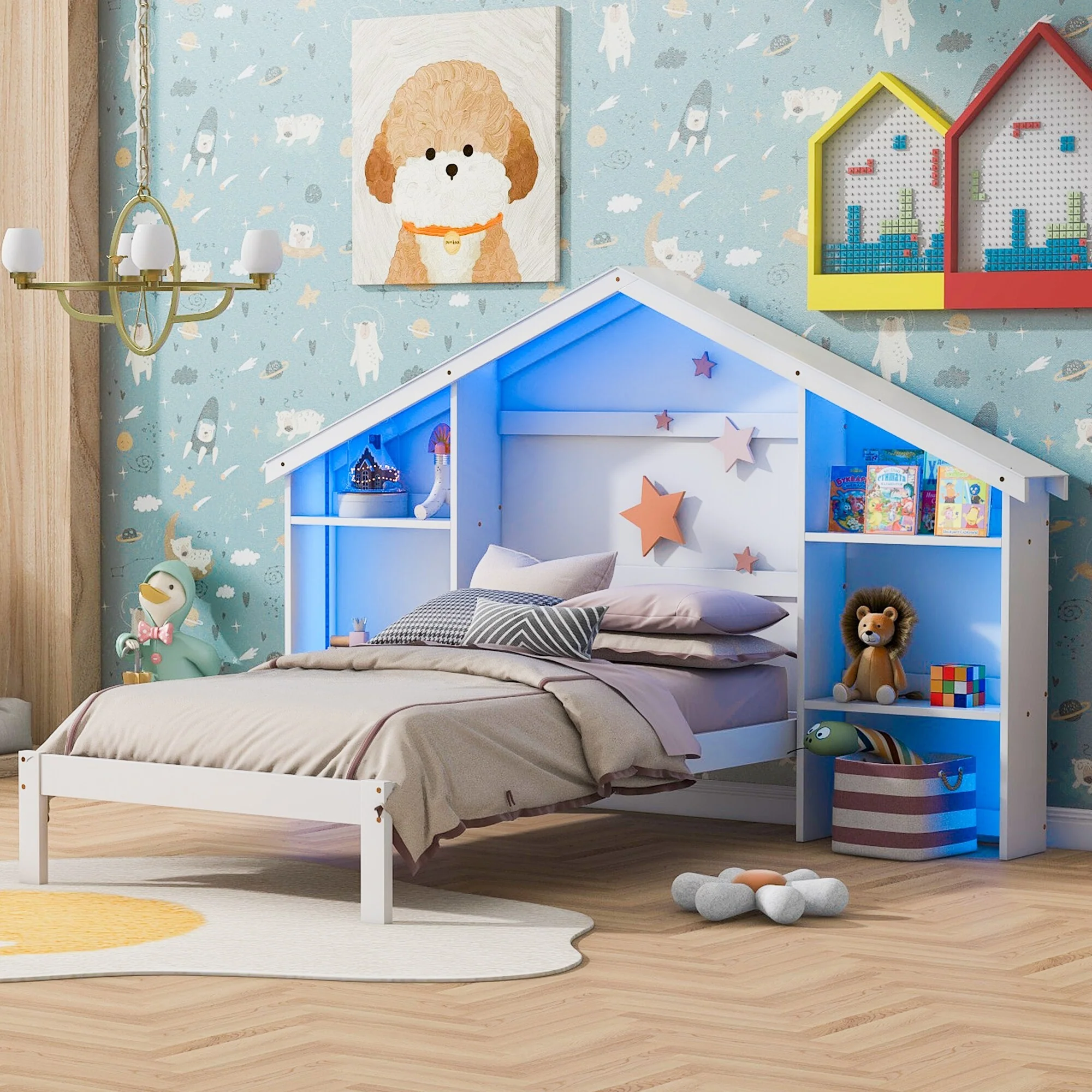 Twin Size Wood Platform Bed with House-Shaped Headboard and Built-in LED Lighting