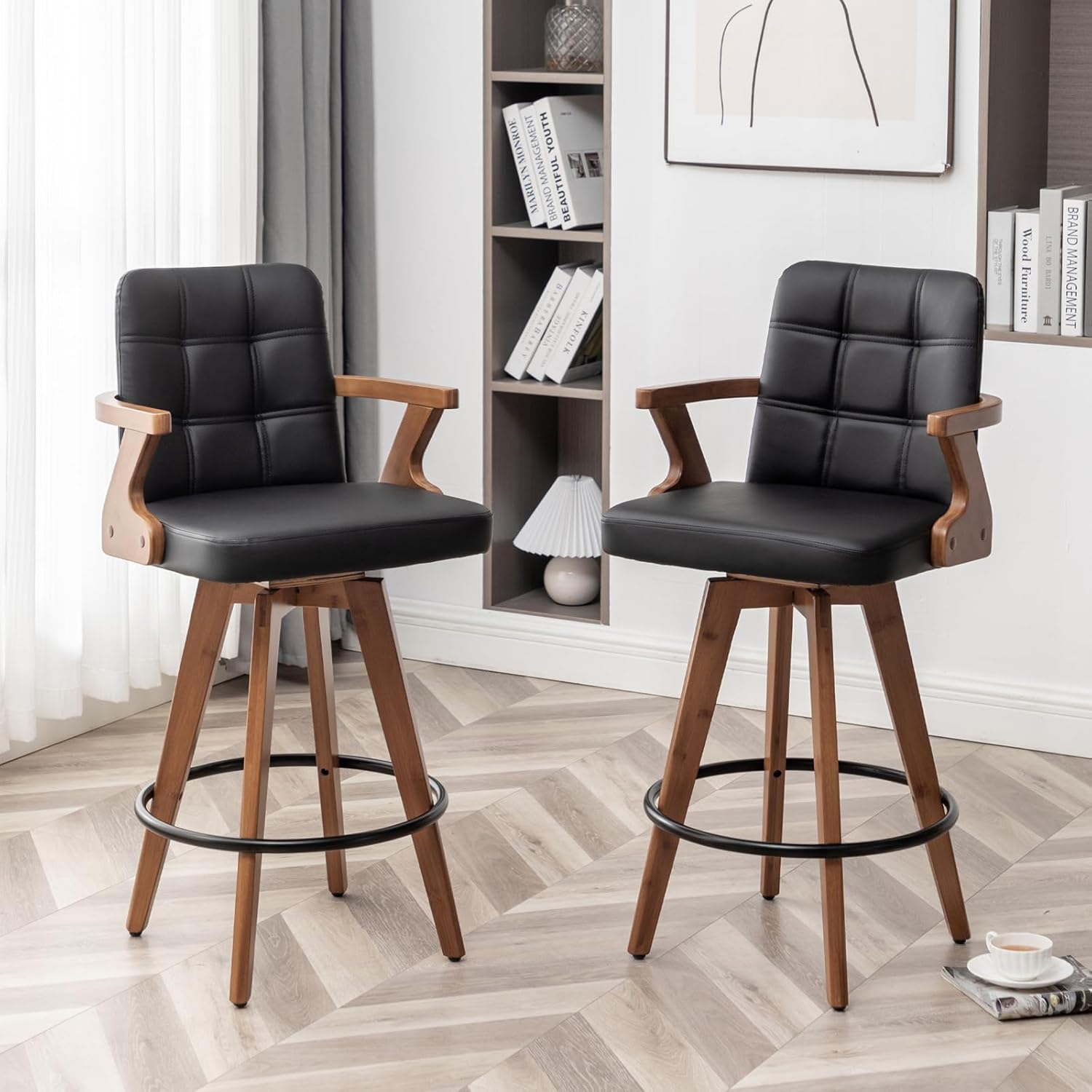 Black Bar Stools Set of 2, Kitchen Bar Stools 30” H,Modern Leather Bar Height Chairs with Back,Kitchen Island Chairs,Swivel Stools for Kitchen Island
