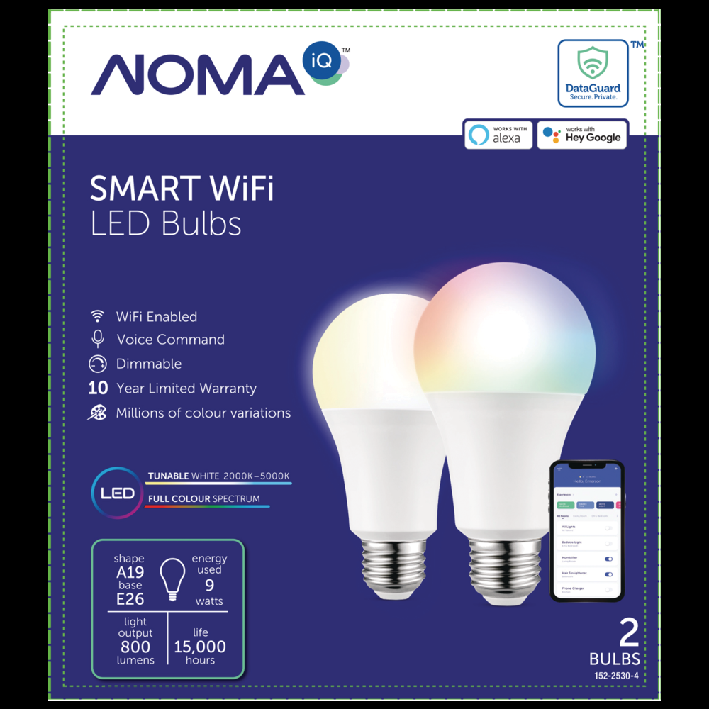 NOMA iQ™ A19 E26 Base Smart Dimmable LED Light Bulbs, Tunable White/Colour, 2-pk