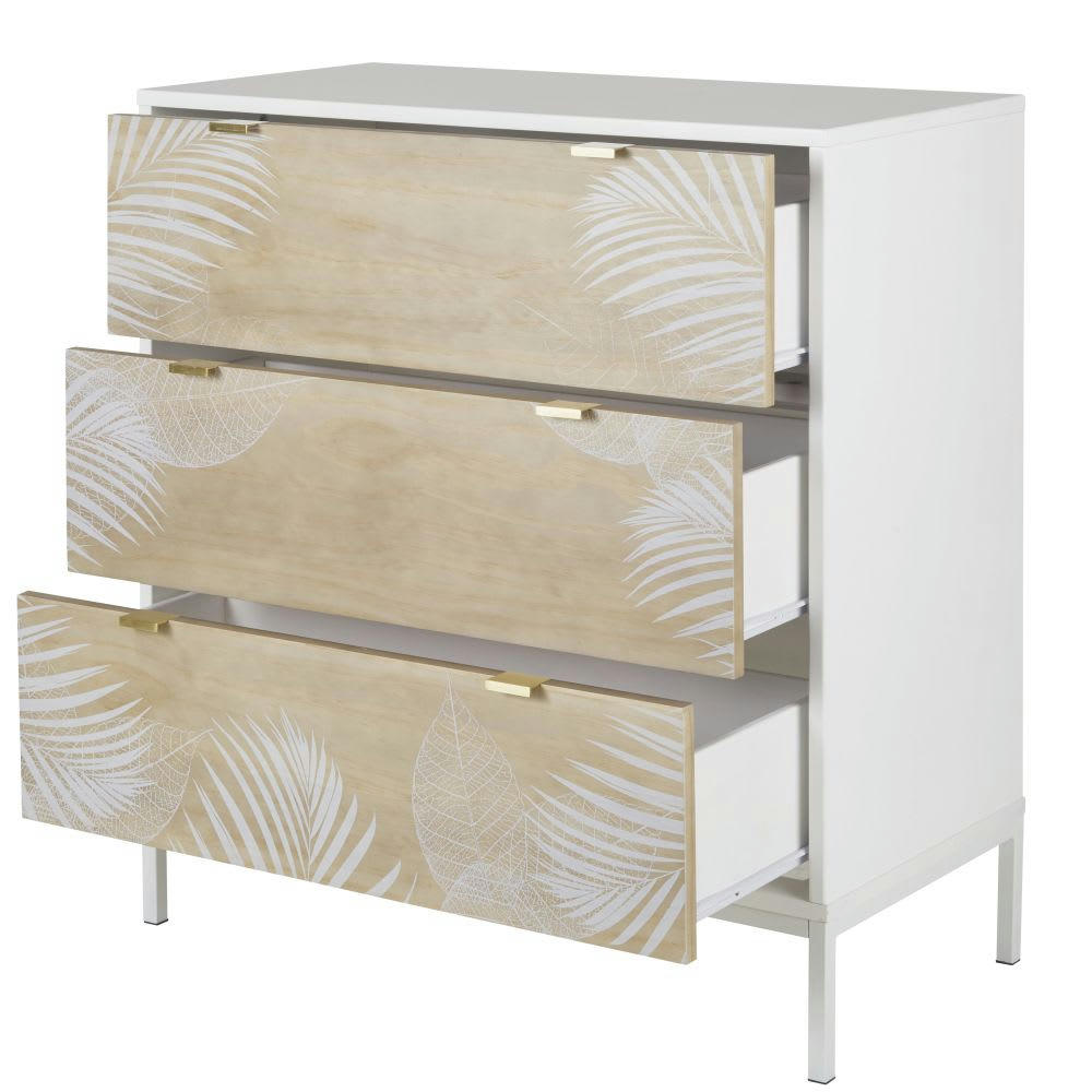 Caracas - Commode haute 3 tiroirs bicolore motif végétal blanc