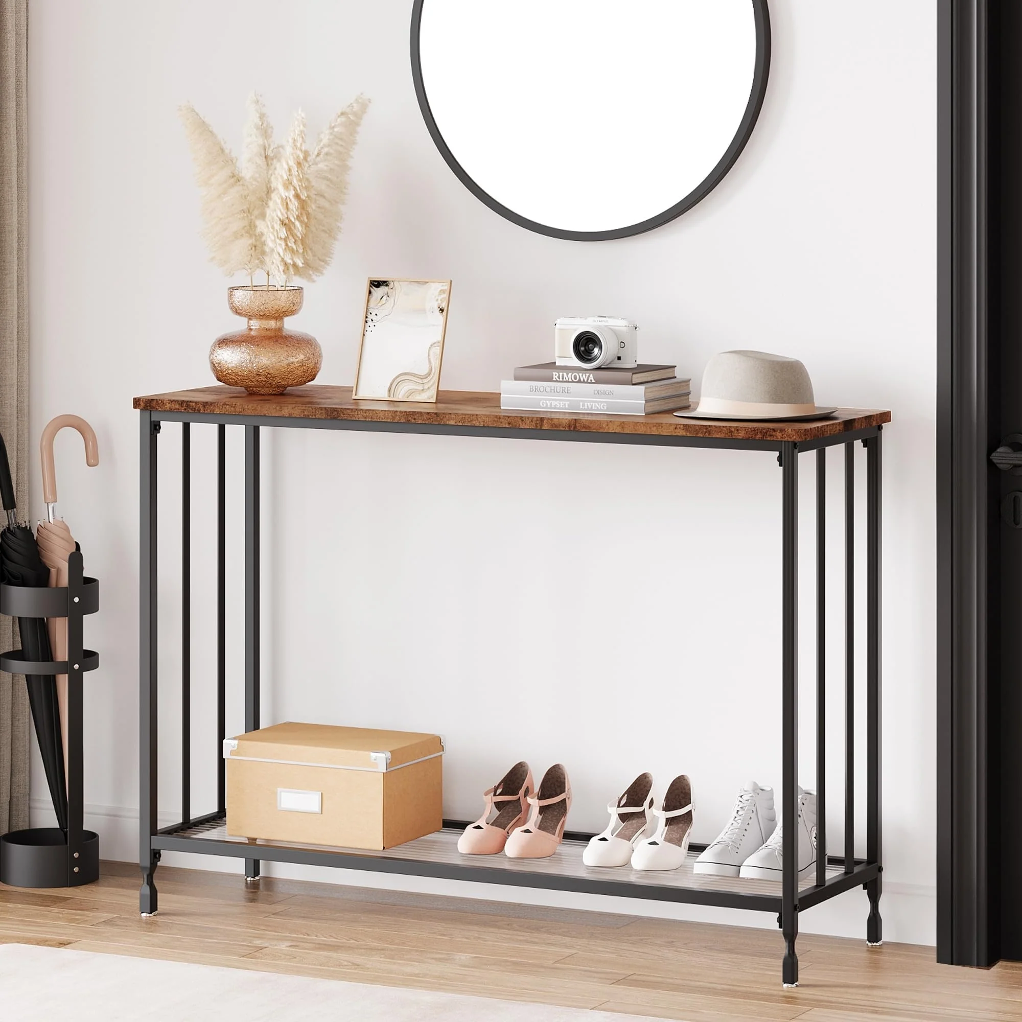 2 Tier Retro Console Table with Glass Shelf Storage
