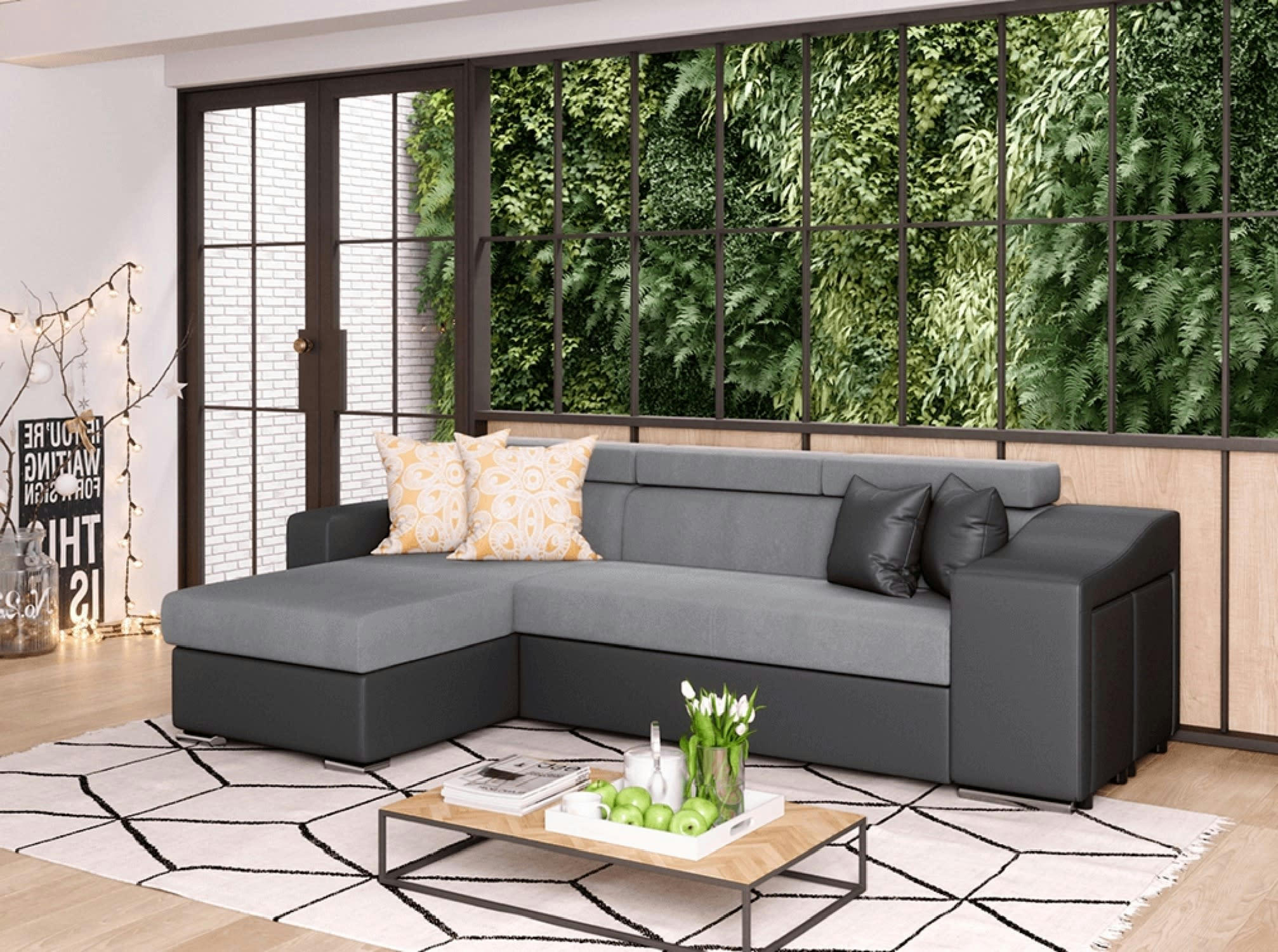 ELONA - Canapé d'angle convertible gris avec niche de rangement droite