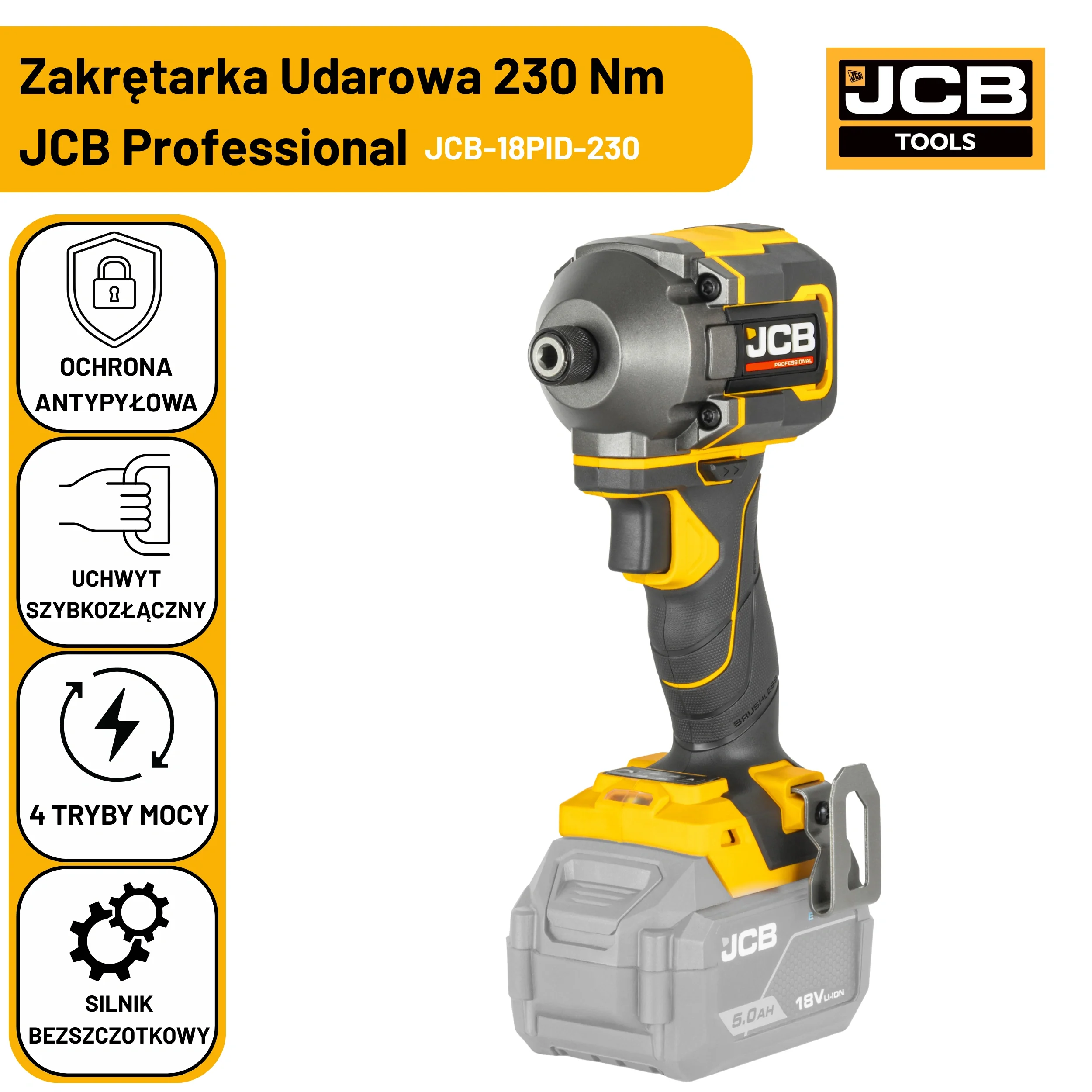 JCB Professional Zakrętarka Udarowa Akumulatorowa 18V 230Nm Zestaw Baterie 2x 5,0Ah Ładowarka 4,5A Walizka