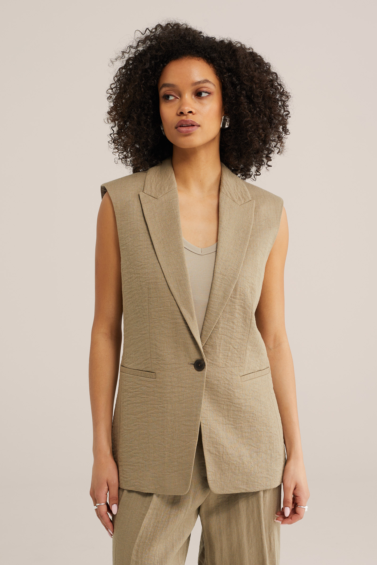 Dames Regular fit gilet en wide leg pantalon met linnenlook