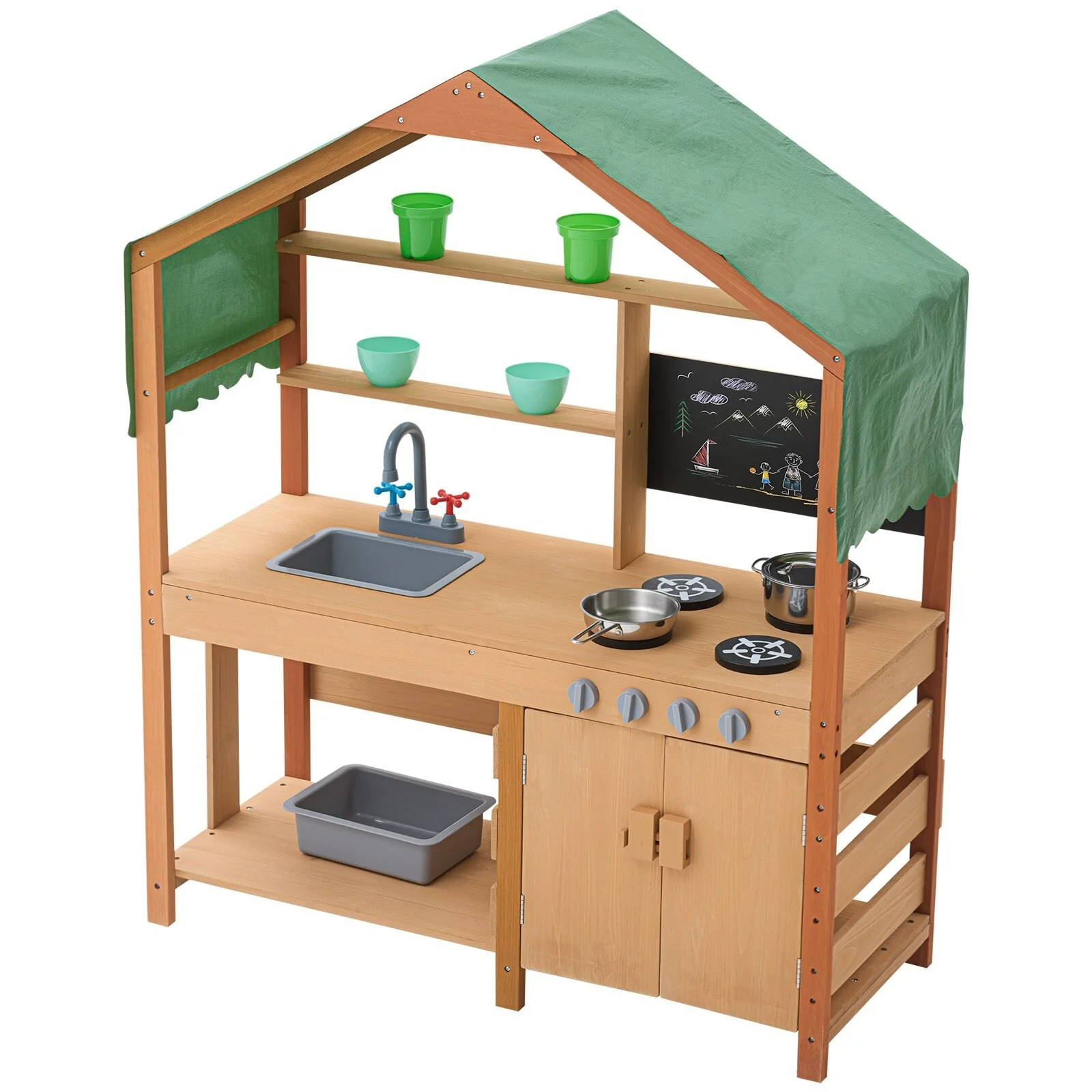 Natural-Green Cedar Wood Kids Mud Kitchen with Sink, Canopy and Accessories - 16.3” D x 40” W x 50” H