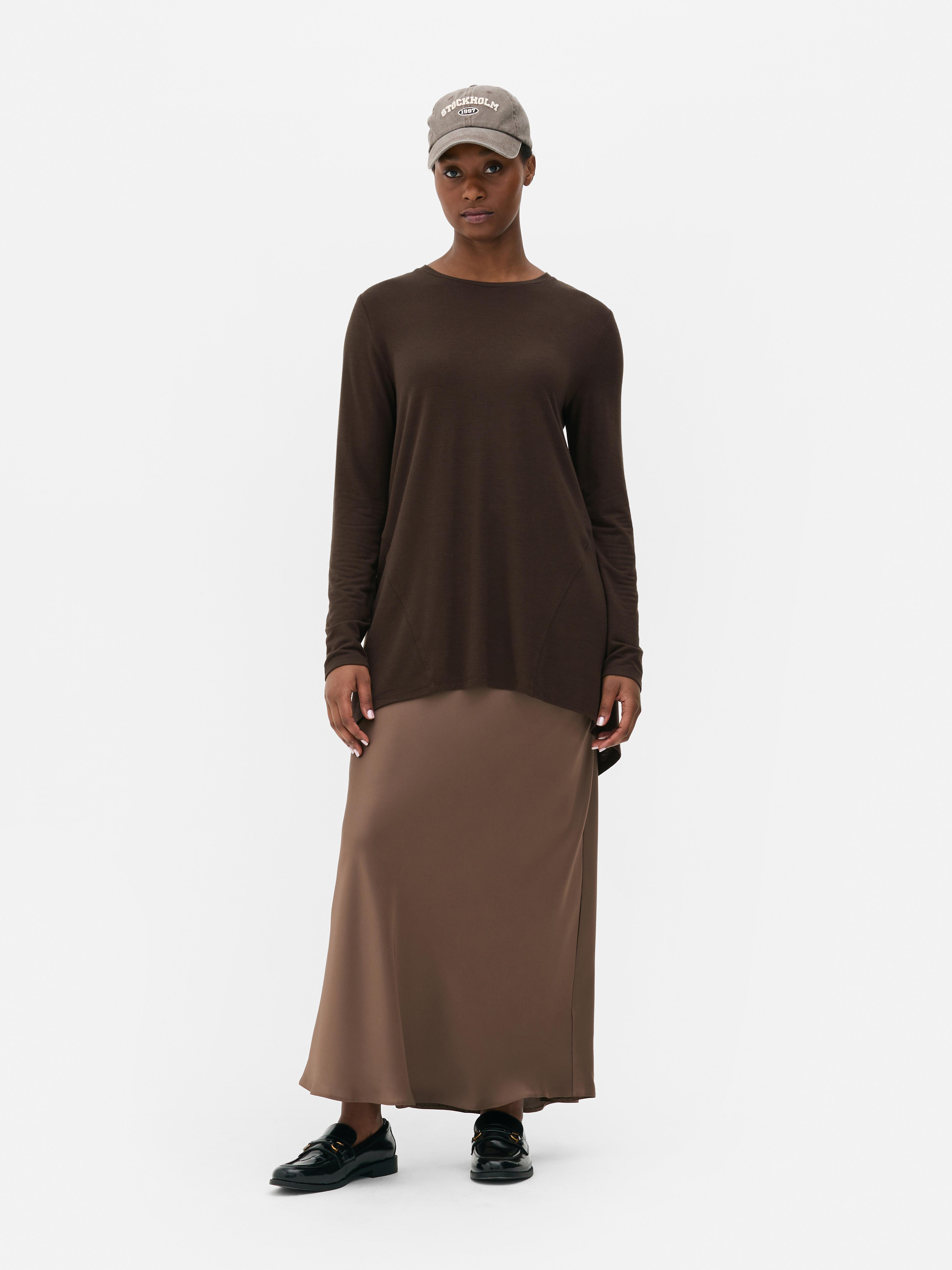 Long Sleeve Long Curved Hem Top