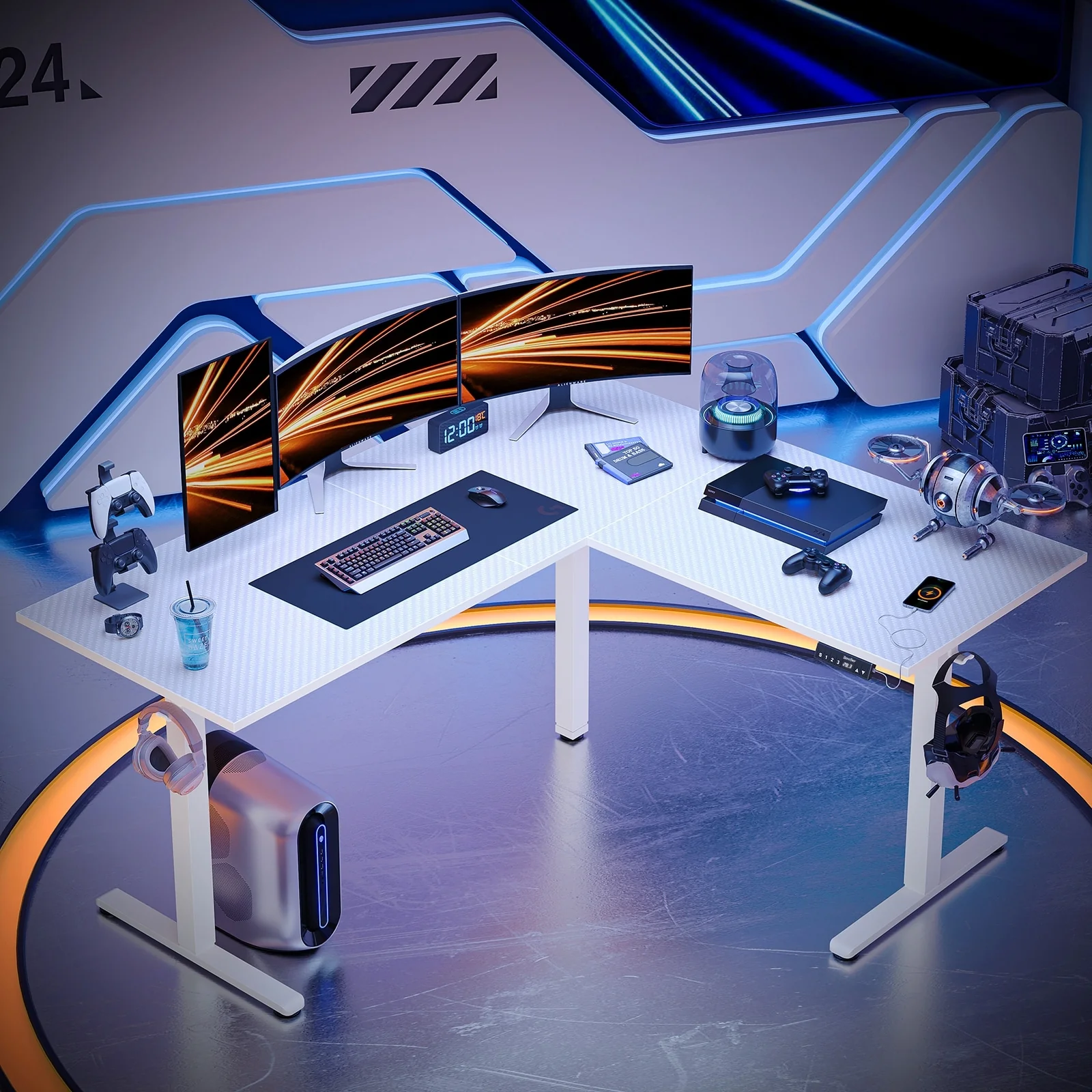 63 L Shaped Standing Desk Corner Desk LED Gaming Desk with Ergonomic Monitor Stand