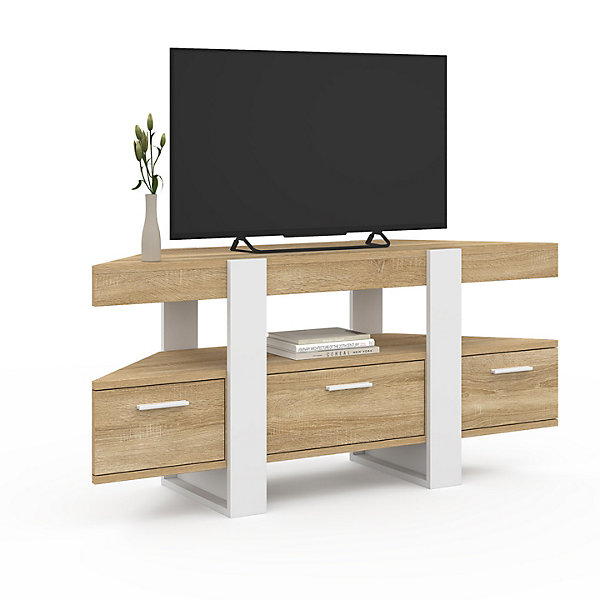 Meuble TV 110 cm d'angle PHOENIX avec tiroir bois et blanc