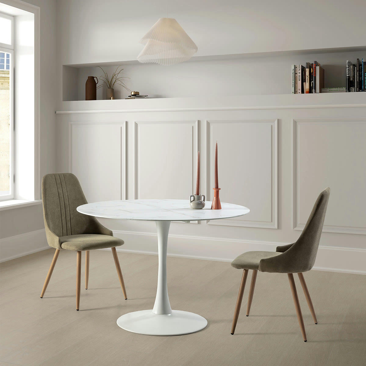 VICKY - Lot de 4 chaises en tissu vert pâle, piètement métal effet bois