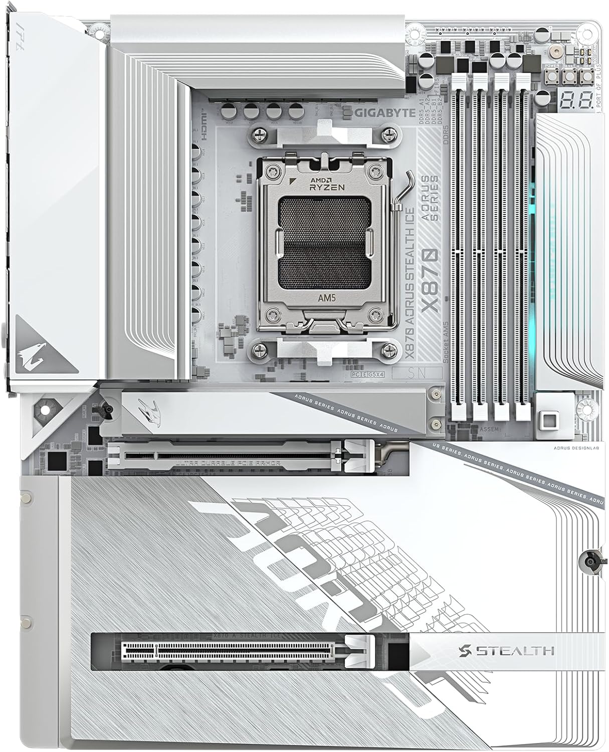 GIGABYTE X870 AORUS Stealth ICE Reverse-Connect ATX Motherboard, Support AMD Socket AM5 Processors, DDR5, 16+2+2 Power Phase, 4X M.2, PCIe 5.0, USB4, WIFI7, 5GbE, PCIe EZ-Latch Plus, 5 Year Warranty