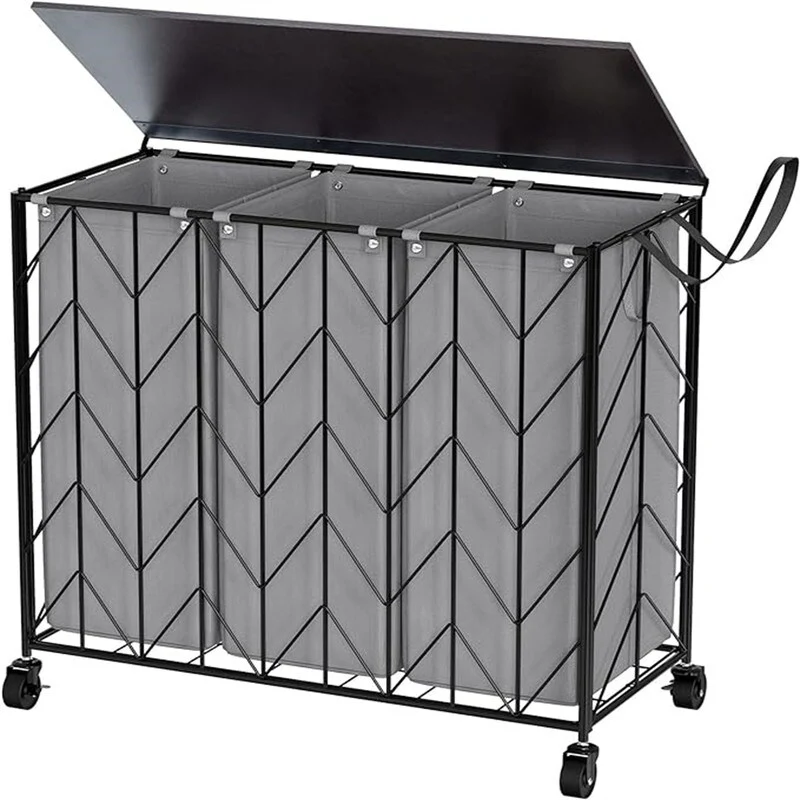 Laundry Basket with Wheels, 142L Laundry Hamper 3 Section with Lid - 28.35L x 13W x 26.4H