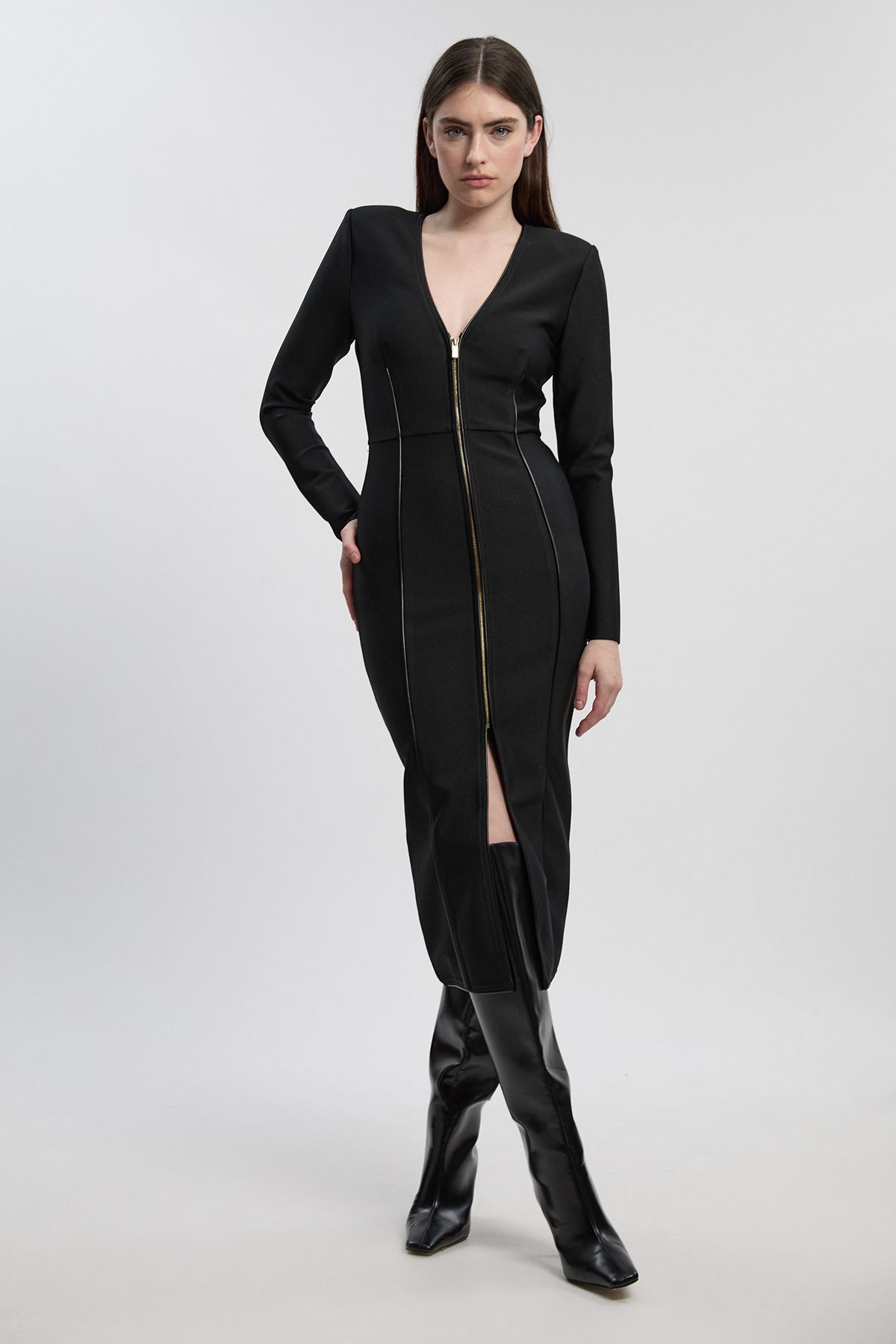 KarenMillen PU Tipped Detail Zip Through Bandage Knit Midi Dress