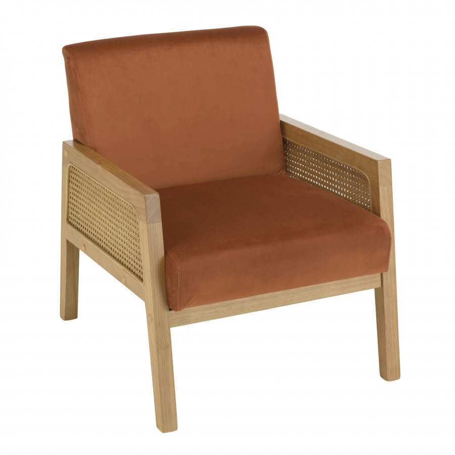 ALBANE - Fauteuil velours orange pieds bois et accoudoirs rotin