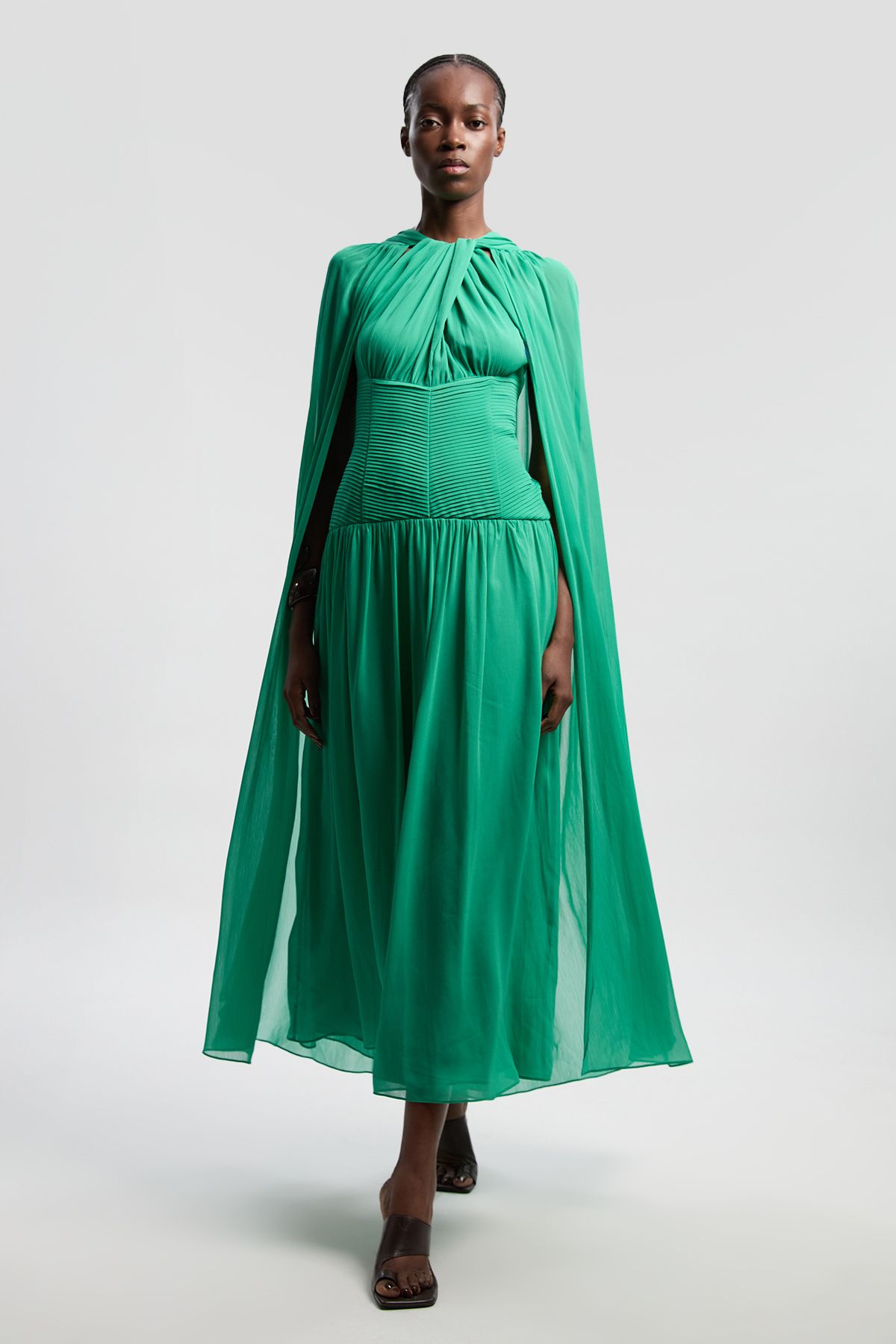 KarenMillen Halter Neck Twist Crinkle Georgette Cape Woven Maxi Dress