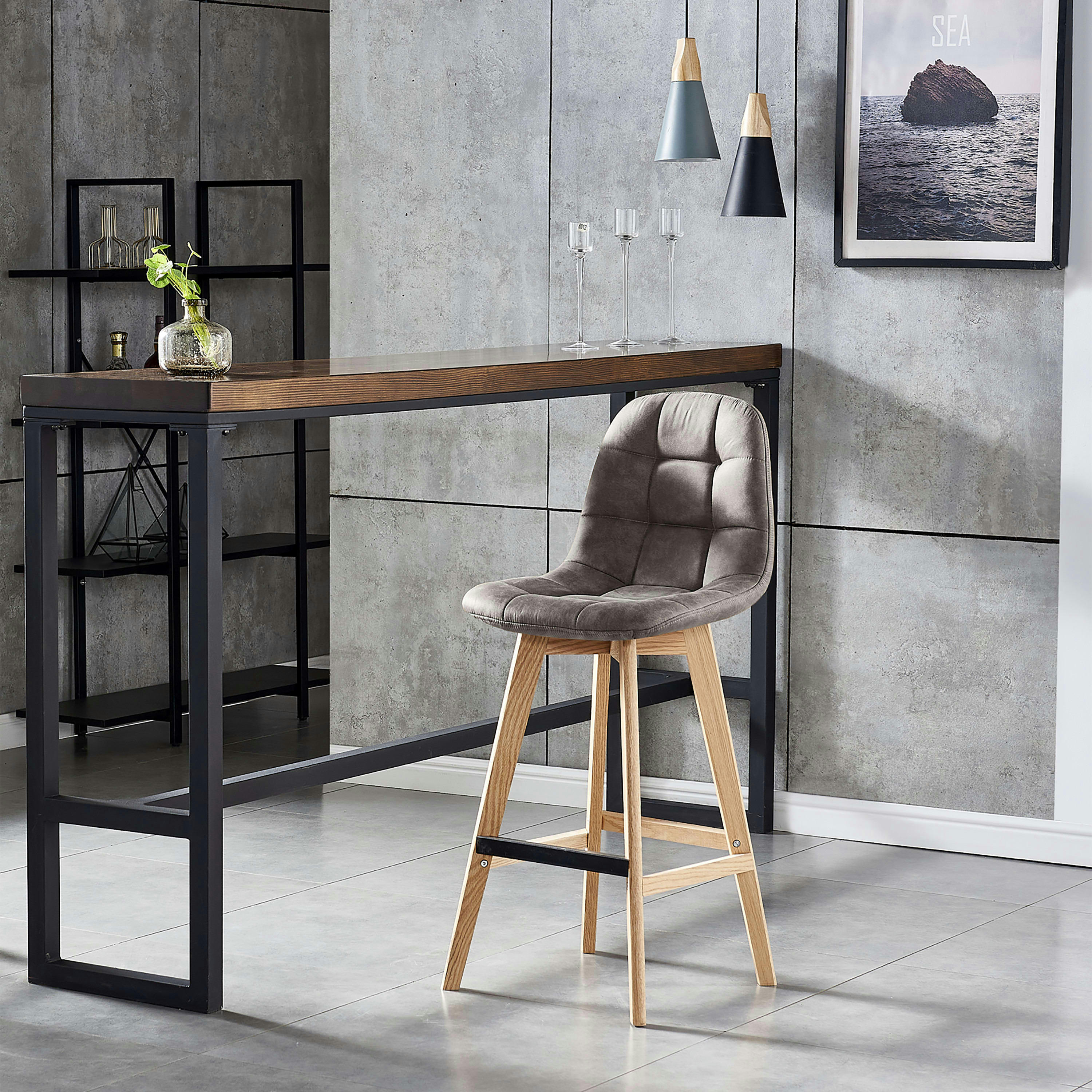 OWEN OAK - Chaise de bar vintage microfibre marron clair pieds chêne(x2)