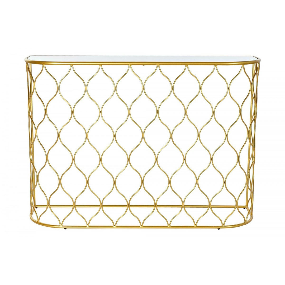 - Console demi-lune en métal doré et plateau miroir 110x32x78cm