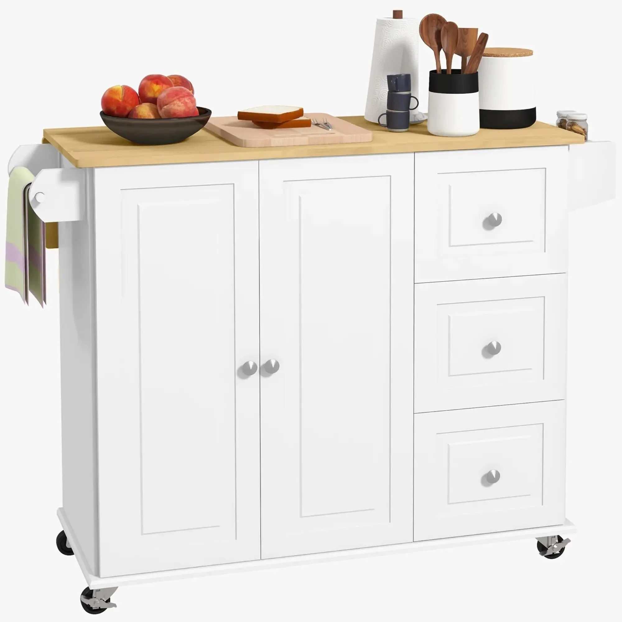 Kitchen Cart on Wheels with Drop Leaf, 3 Drawers, Cabinet, Spice Rack