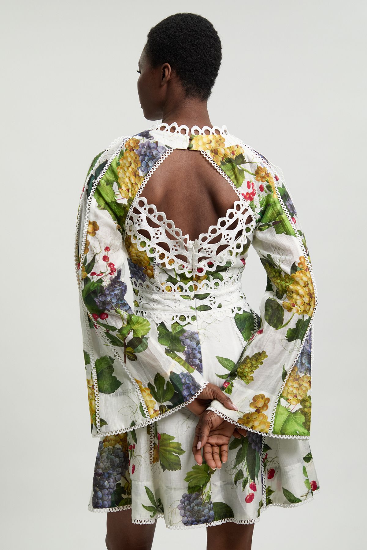KarenMillen Fruit Print Tape Detail Long Sleeve Woven Mini Dress