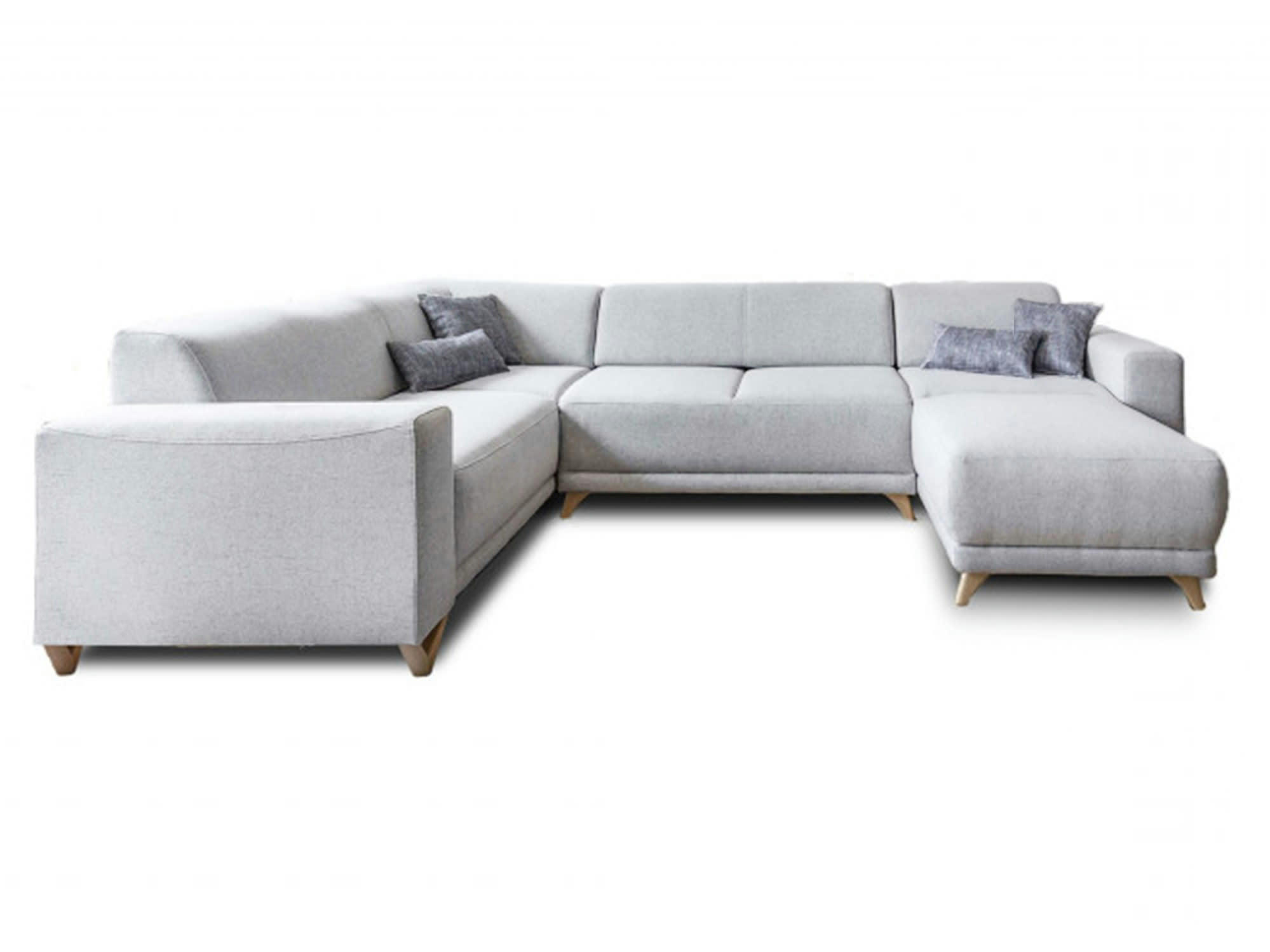 BELLA - Canapé panoramique 7 places angle gauche en tissu gris clair