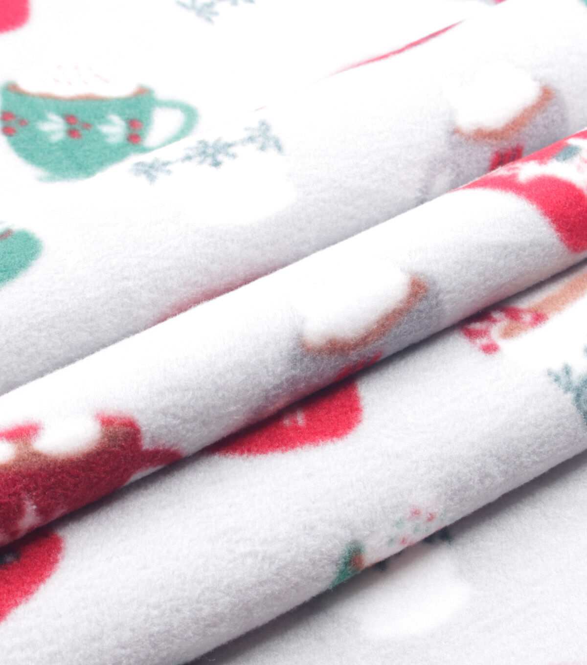 Red & Green Christmas Mugs on Gray Anti Pill Fleece Fabric