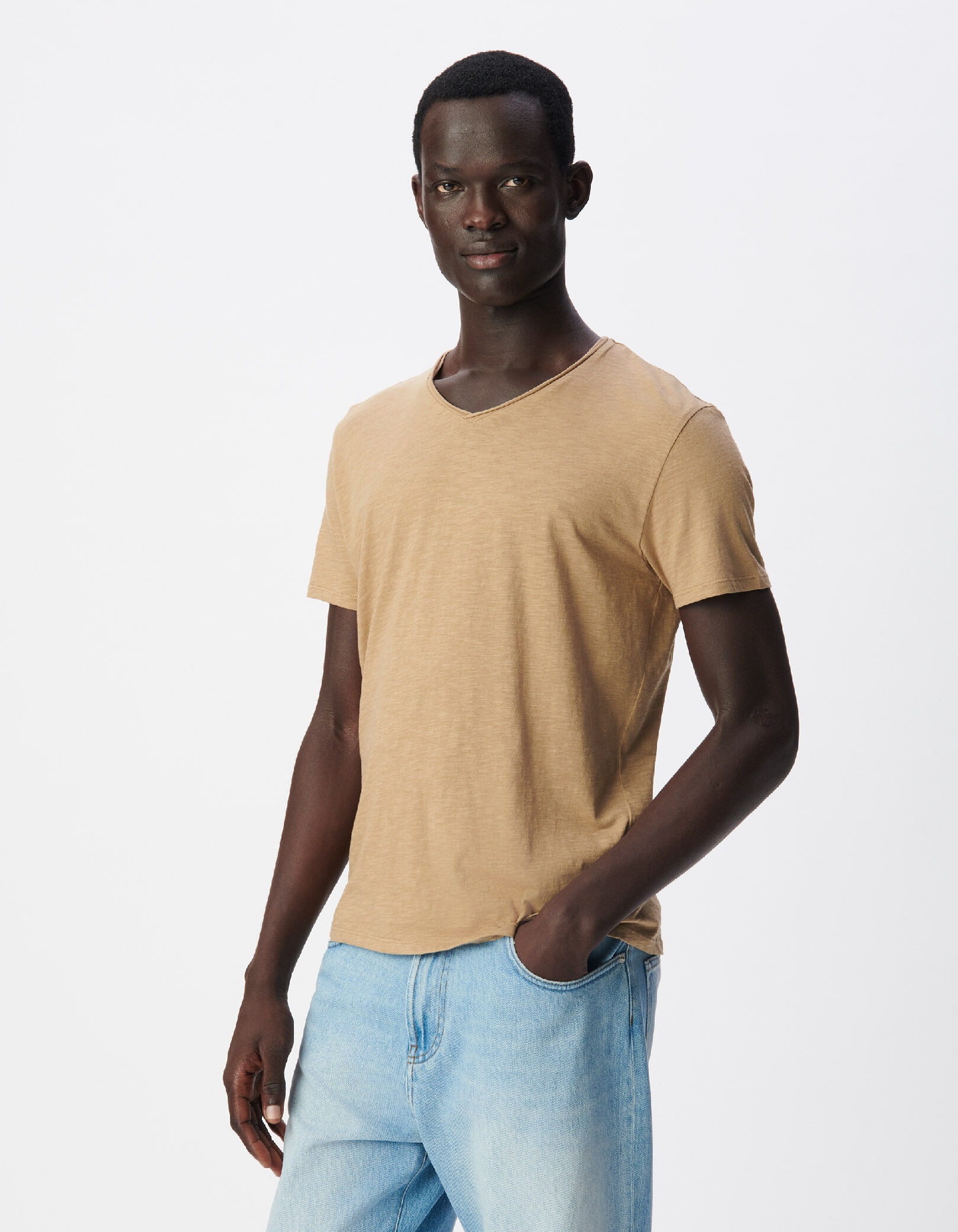 T-shirt encolure V beige coton bio flammé Homme