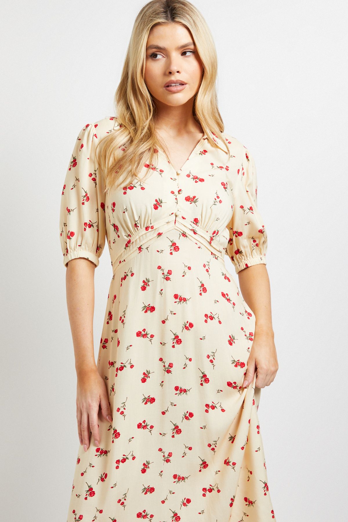 Dorothy Perkins Yellow Ditsy Collared Button Detail Puff Sleeve Midi Dress