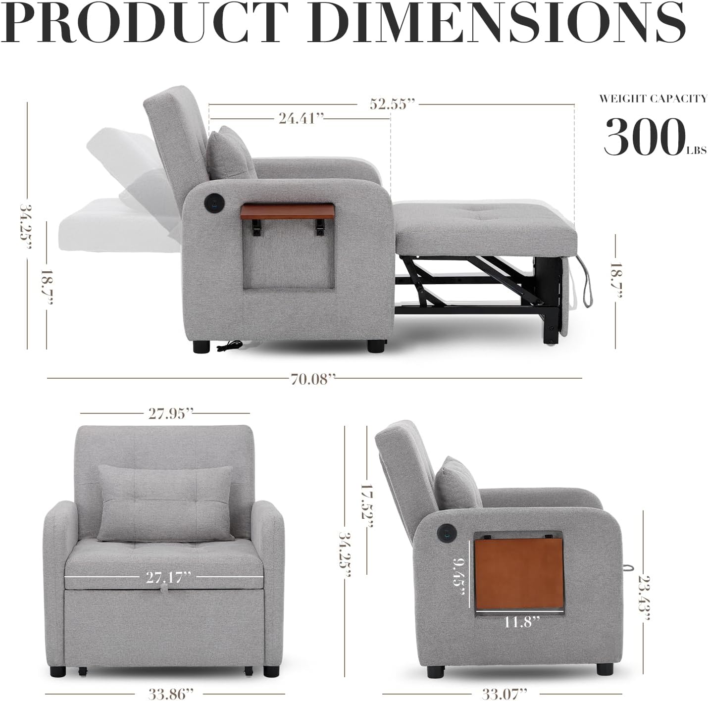Convertible Sleeper Chair-Fabric Futon Sofa Bed, Single Sleeper Sofa, Small Couch Bed with USB Port, Foldable Table, Pillow, Adjustable Backrest for Dorm/Bedroom/College Lightgrey