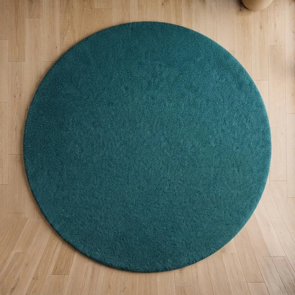 Hand Tufted Wool Round Rug, Modern Teal Blue Carpet, Minimalist Floor Decor