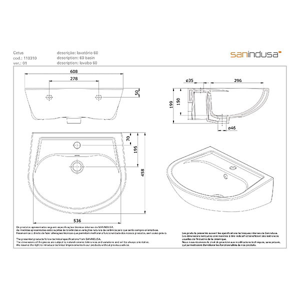Lavabo 60cm mural céramique traditionnelle SANINDUSA Cetus blanc