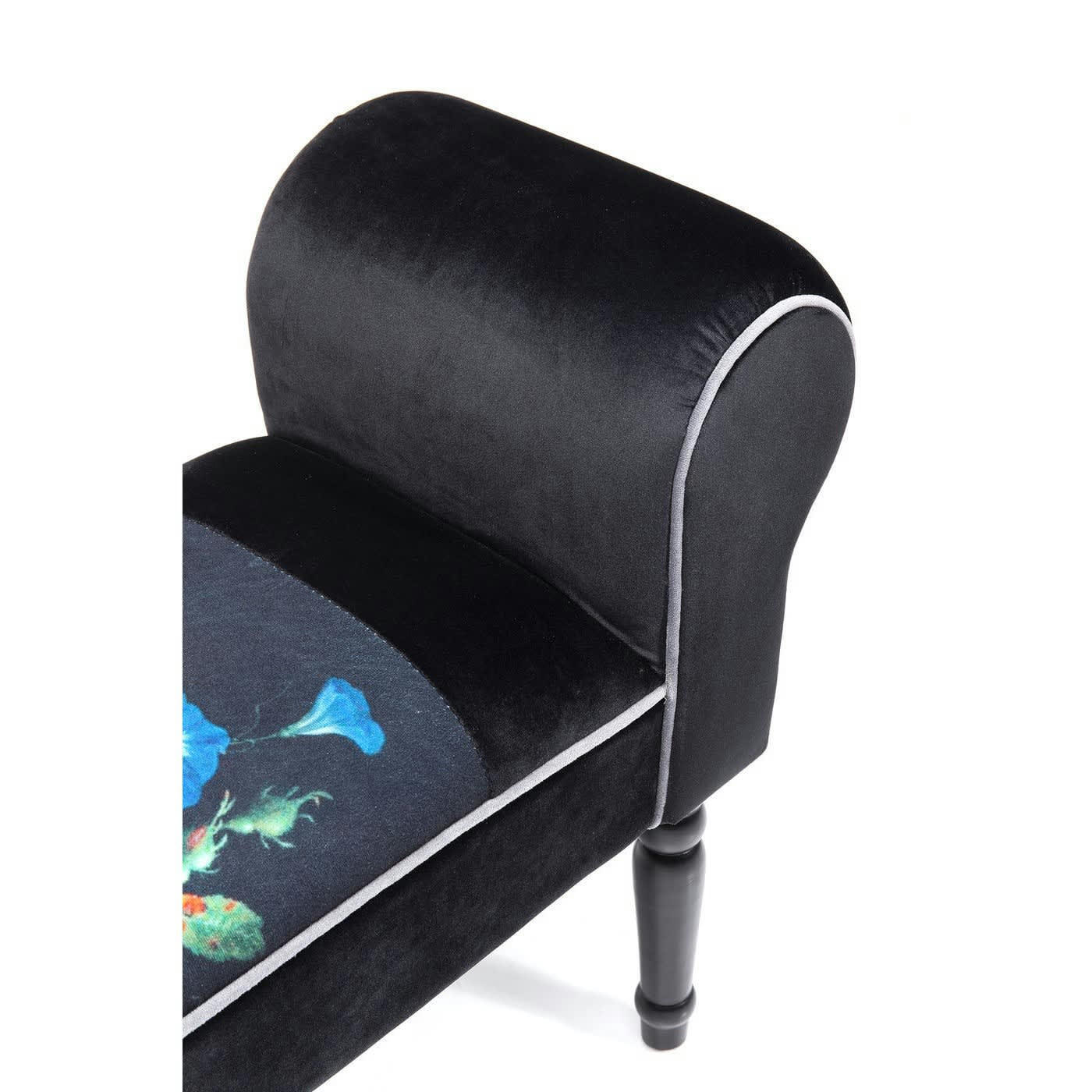 WING - Banc 1 place velours noir imprimés fleurs et hêtre massif