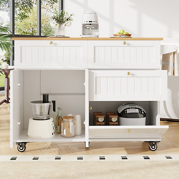Îlot de cuisine - Buffet de Cuisine Multifonction avec Rangements Extensibles et Tiroirs, MDF et Métal, 120,8x37,3x88 cm, Blanc