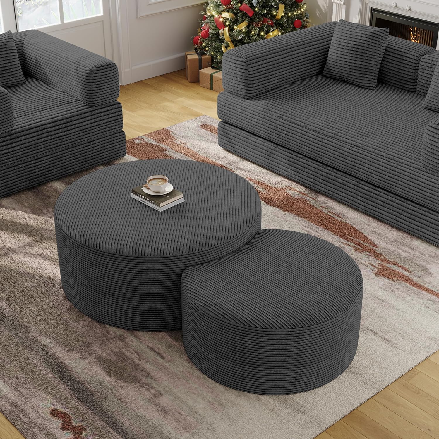 BSHOMGI Nesting Coffee Table Set of 2, Round Corduroy Modular Sectional Sofa Stool Circle Foam Side Table for Living Room, Entryway and Small Spaces No Assembly (Dark Gray, 32+17)