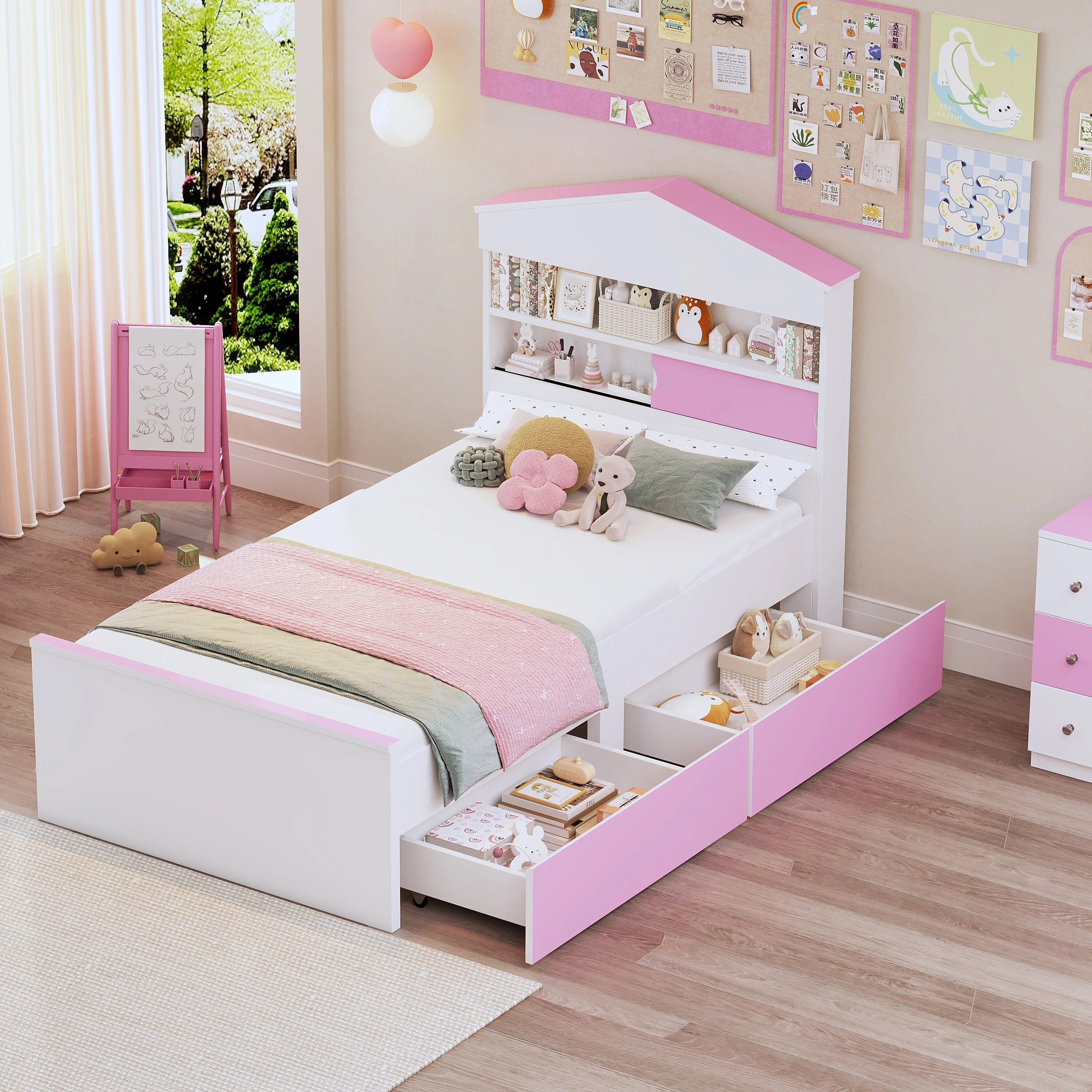 Platform Bed with Storage Shelf on The Headboard, House Shaped Wooden Bed Frame with 2 Storage Drawers, Easy Assembly