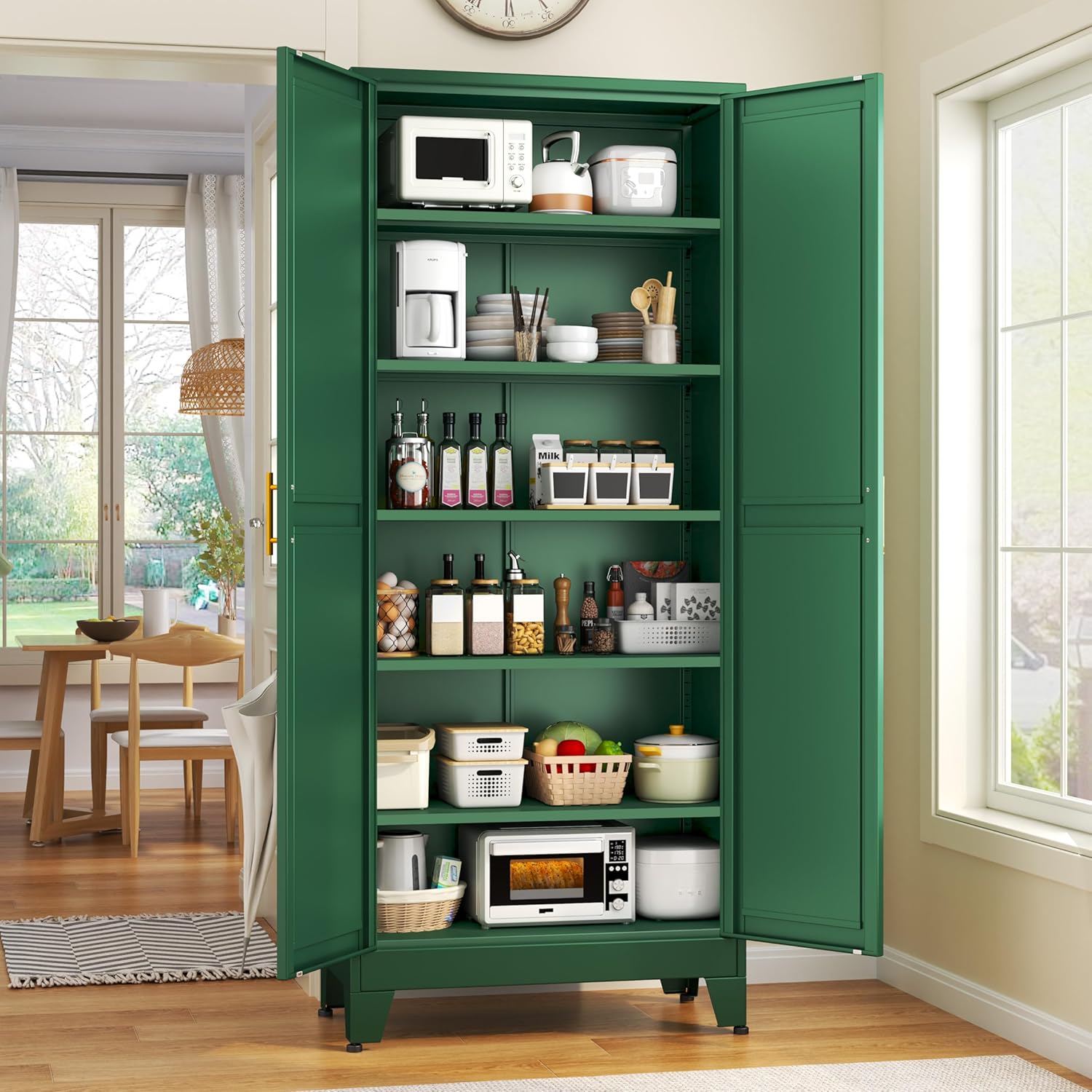 GAIOUS 75.2 Tall Kitchen Food Pantry, Pantry Cabinet with 2 Door and 5 Adjustable Shelves, Green Laundry Room Cabinets, Freestanding Pantry for Kitchen, Study Room, Dining Room and Entryway