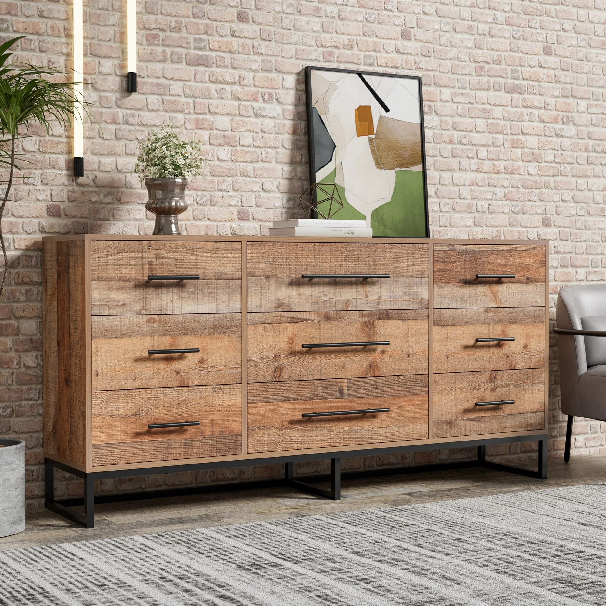 Vintage 9-Drawer Dresser 63 Wide Wood Rustic Chest of Drawers