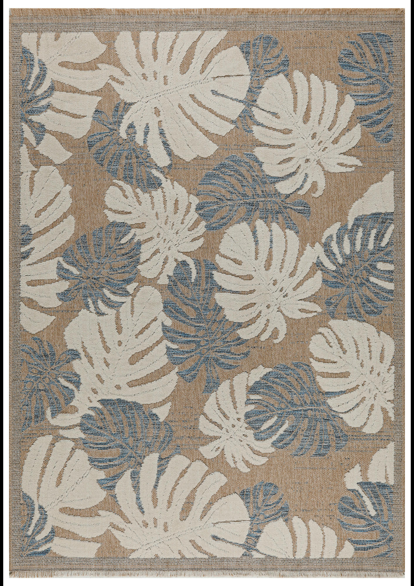 TULUM - Tapis intérieur et extérieur aspect jute feuille bleu - 160x230