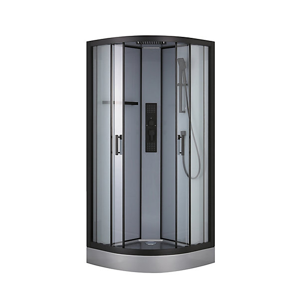 Cabine de douche 1/4 de cercle l.90 x L.90 x H.220 cm – hydromassante, fond gris profilés noirs, traitement anticalcaire, GoodHome Beloya