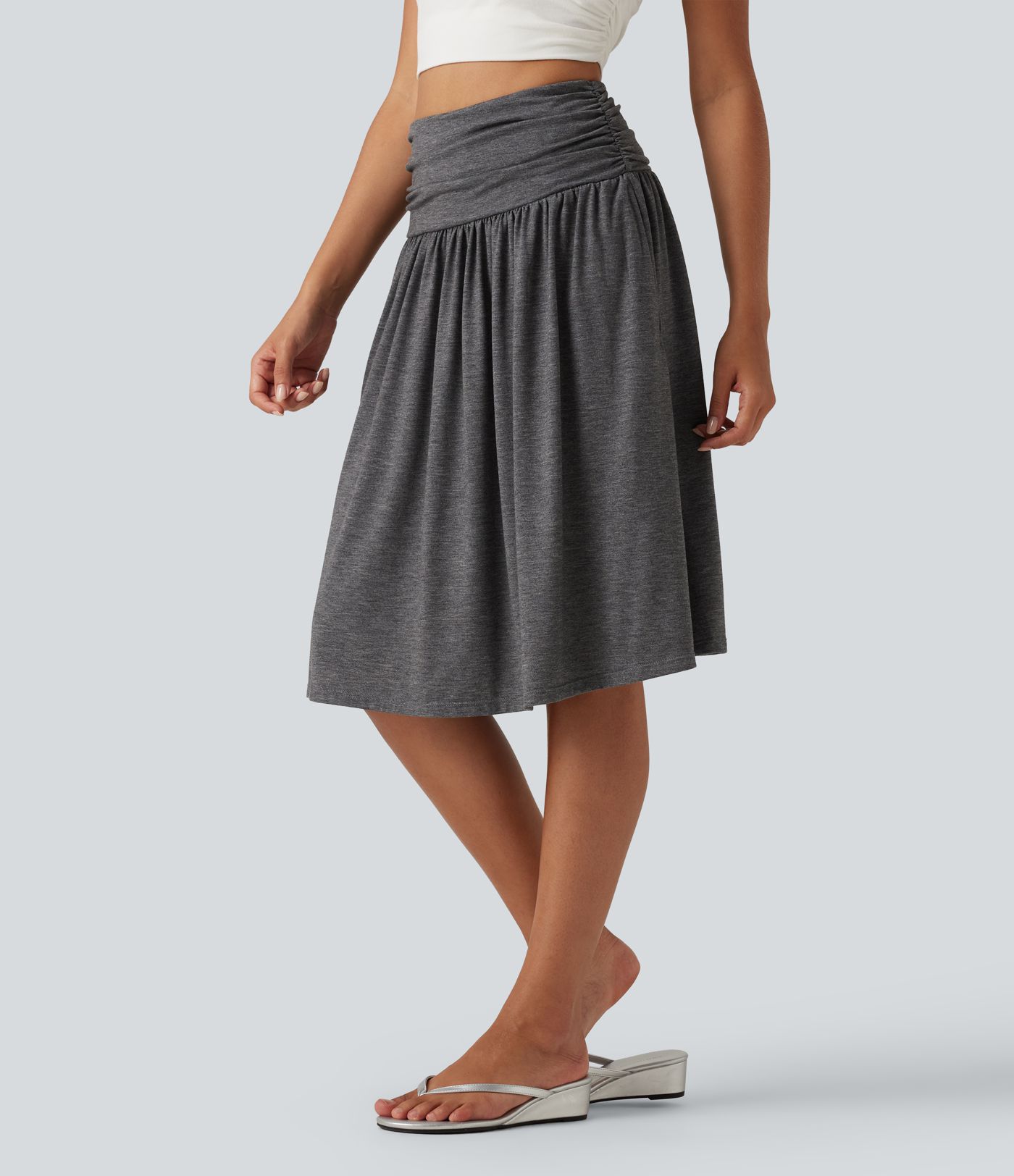 Jupe midi fluide taille haute froncée avec poches
