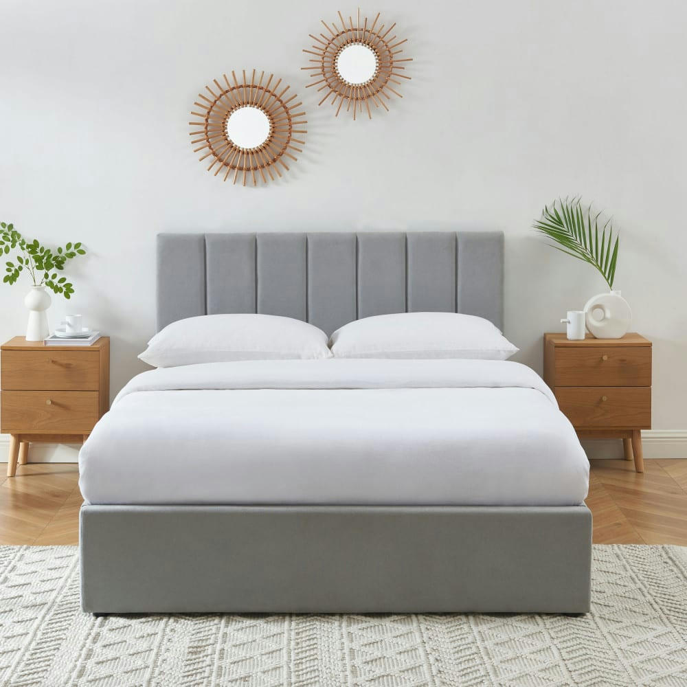 BILLIE - Lit coffre matelassé en tissu 140x190cm gris perle