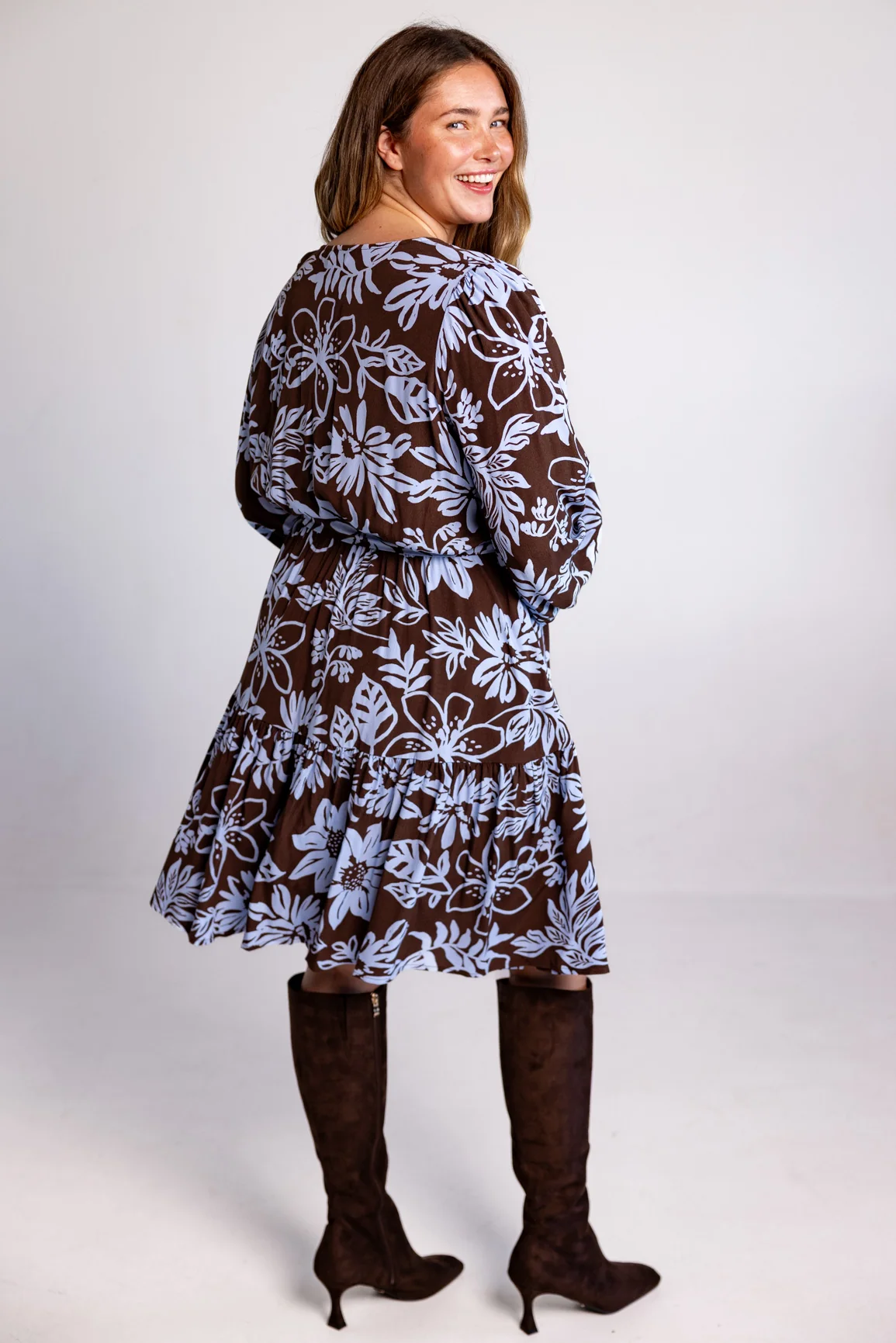 Deni Long Sleeve Dress in Blue Lani Chocolate