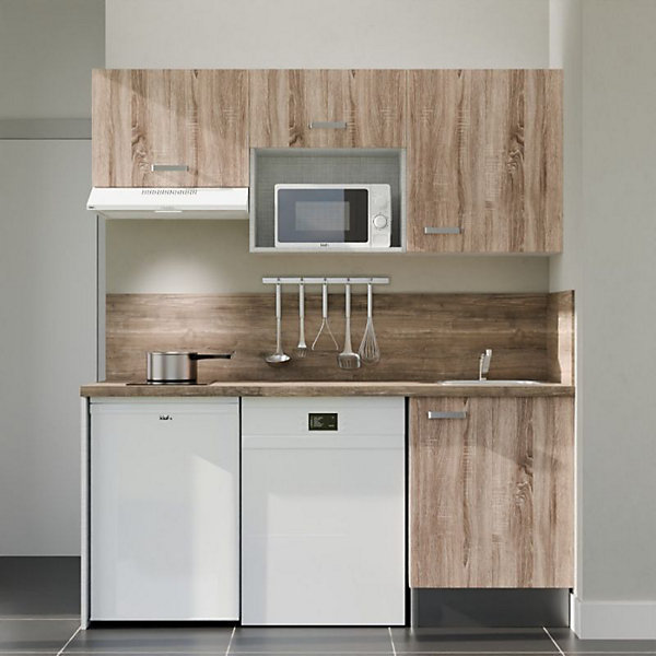 Kitchenette K55 - 180 cm - Façades : Bois - Plan de travail : Bois - Crédences : Oui - Evier
