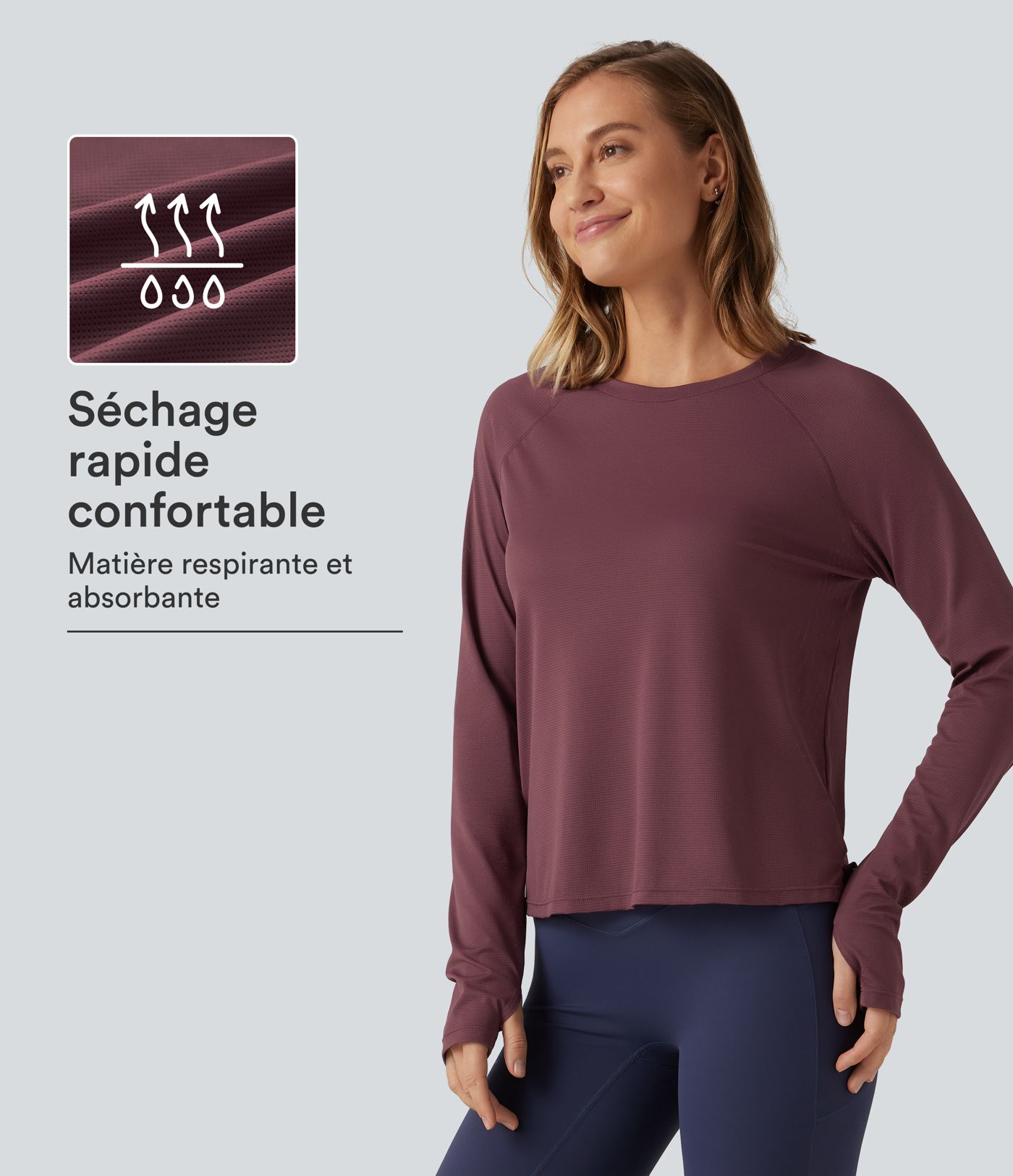 Haut de running à séchage rapide en mesh, manches longues raglan et passe-pouces