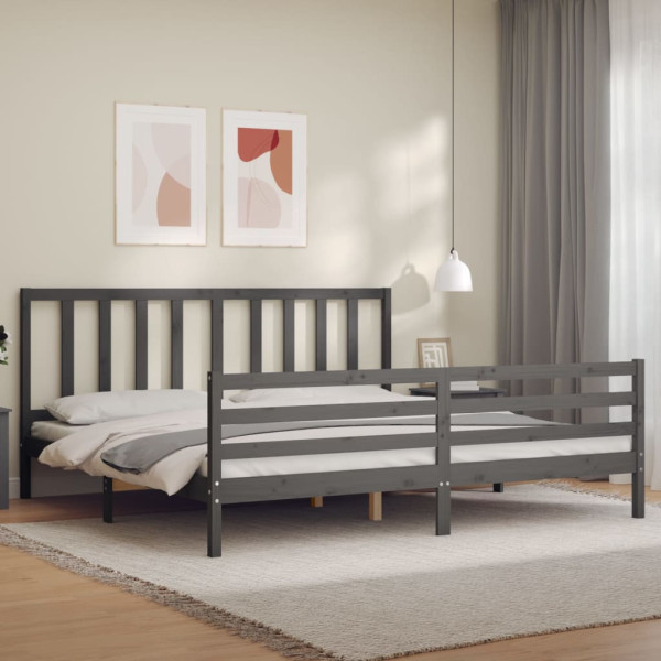 Rama łóżka z wezgłowiem szara 200x200 cm lite drewno