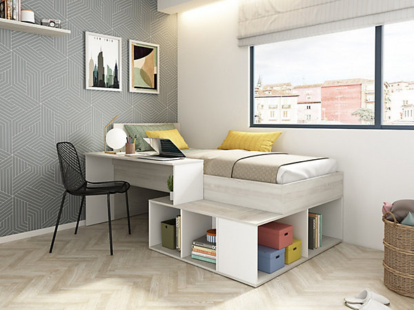 Lit combiné 90 x 200 cm avec rangements et bureau - Coloris : Naturel et Blanc - RIGALI