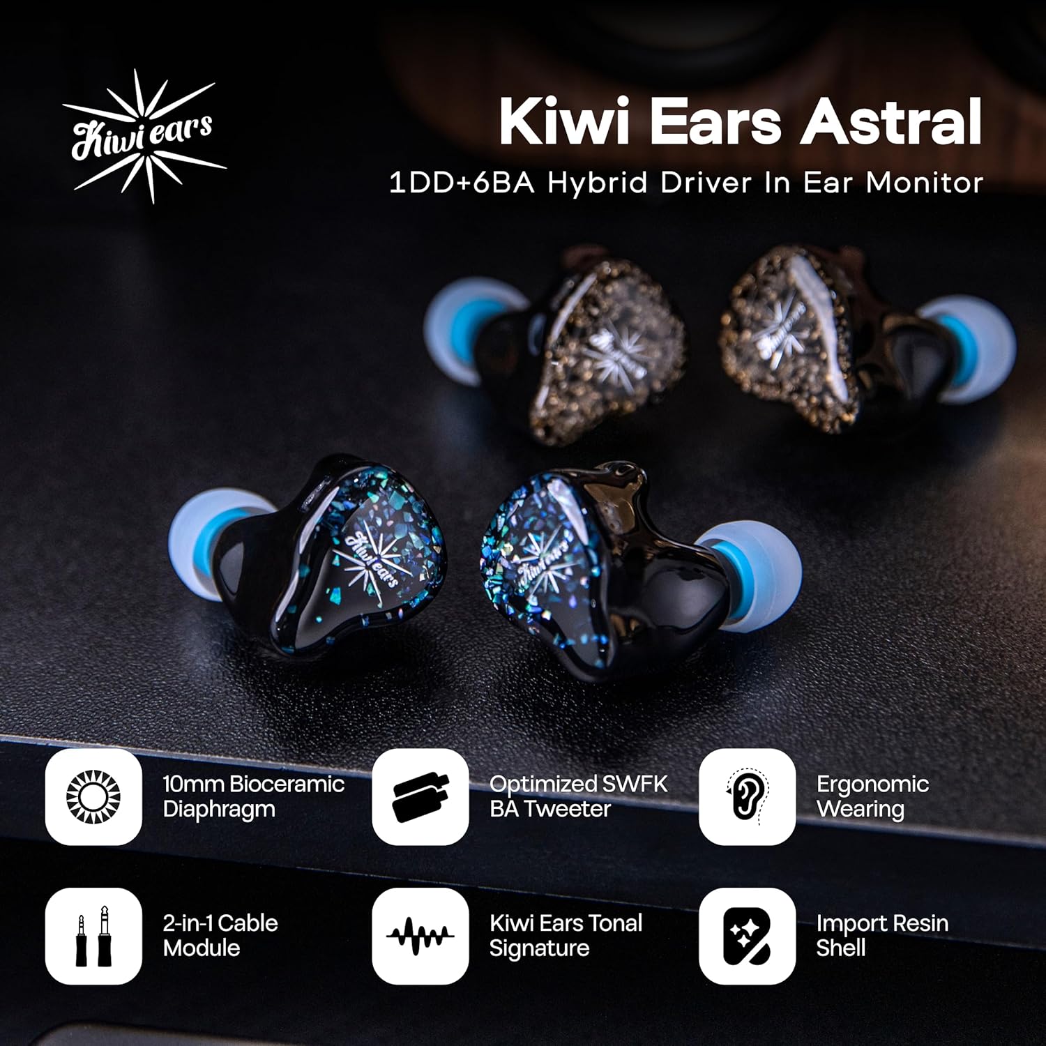 Linsoul Kiwi Ears Astral 1DD+6BA Hybrid in Ear Monitor  Wired Earbuds  HiFi Studio Recording &Mixing Earphone  Portable Gaming IEMs for Professional Music Engineers Audiophiles (Blue)
